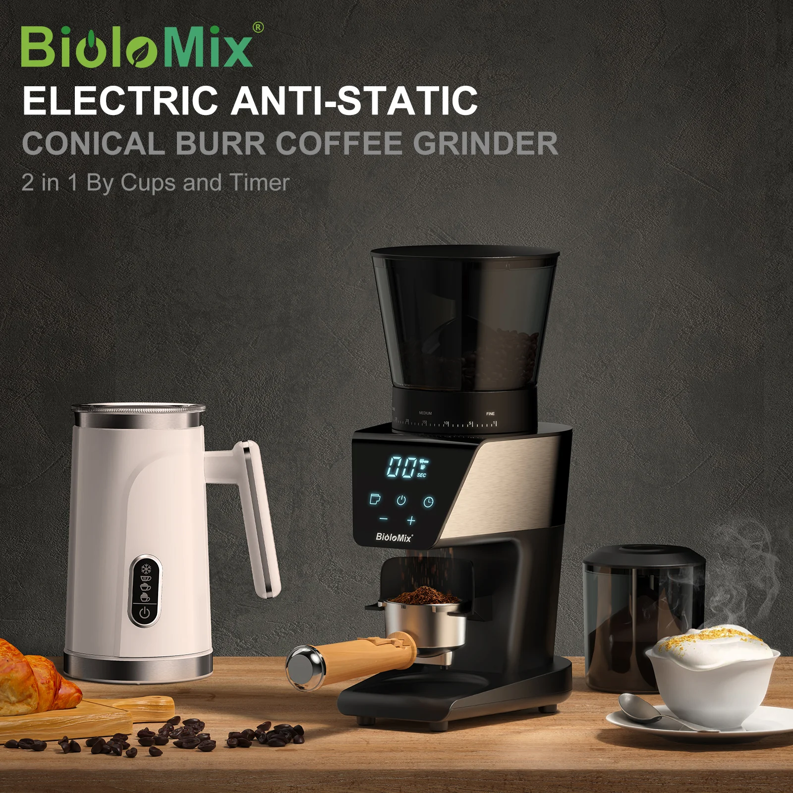 BioloMix Automatic Burr Mill Electric Coffee Grinder, featuring 30 gears for grinding espresso and American coffee, With Magneti