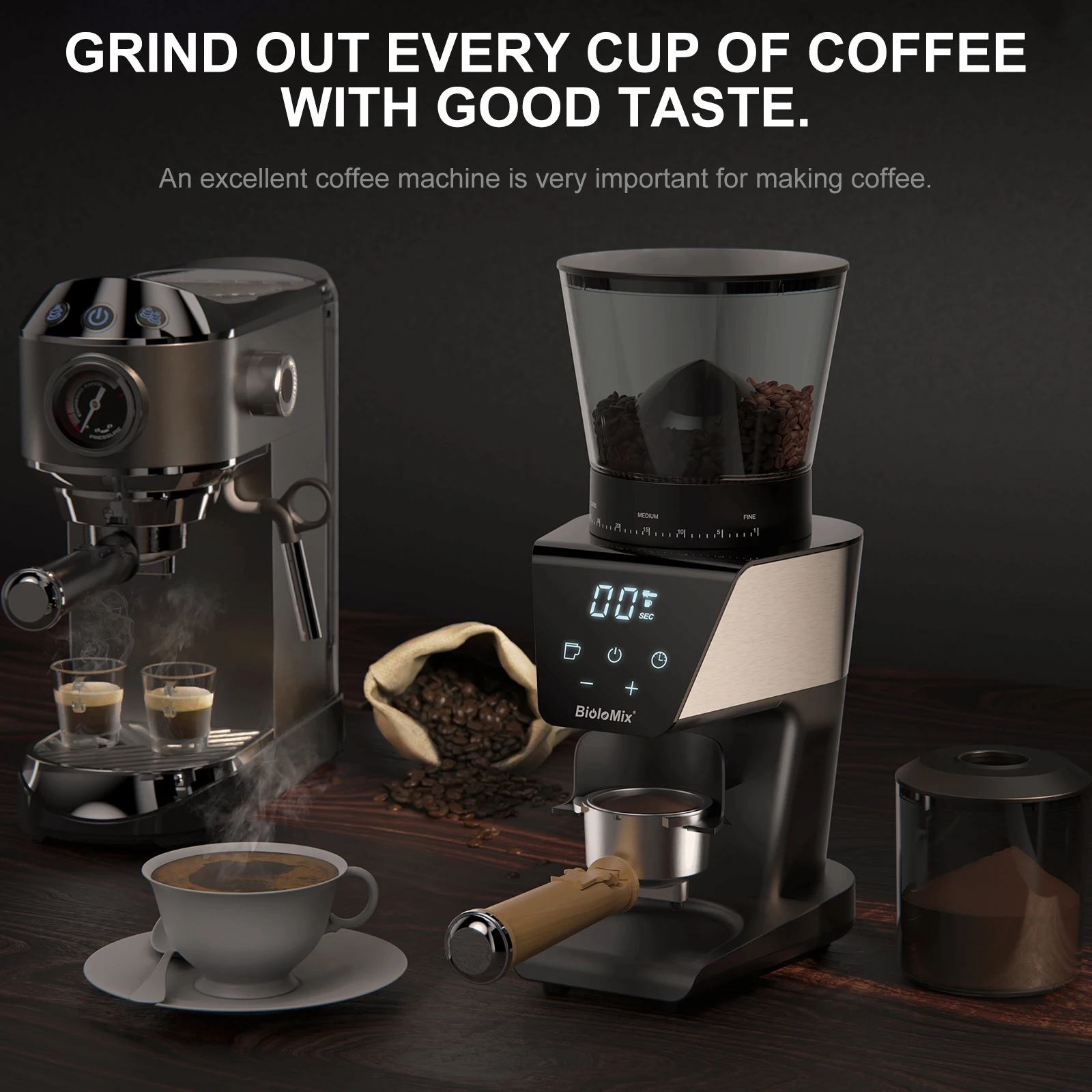 BioloMix Automatic Burr Mill Electric Coffee Grinder, featuring 30 gears for grinding espresso and American coffee, With Magneti