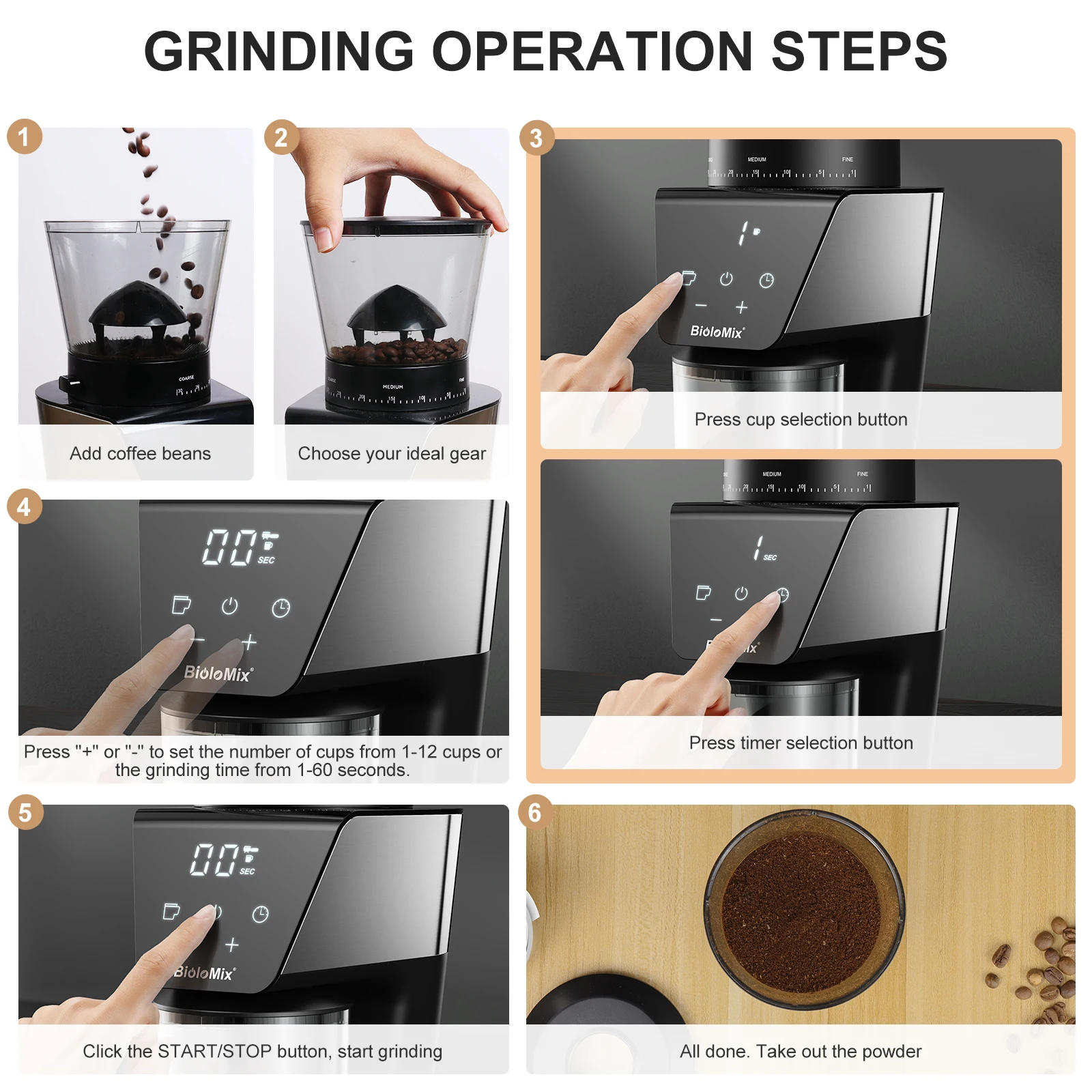 BioloMix Automatic Burr Mill Electric Coffee Grinder, featuring 30 gears for grinding espresso and American coffee, With Magneti
