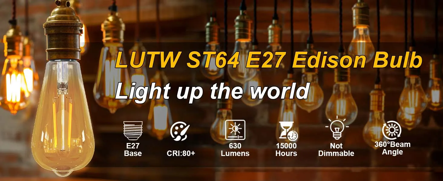 6pack Vintage Light Bulbs 6W ST64 E27 Edison Screw Bulb 2700K LED Bulb Warm White Antique Style Retro Amber Glass Filament Lamp