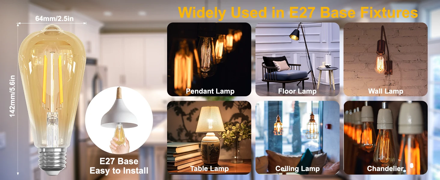 6pack Vintage Light Bulbs 6W ST64 E27 Edison Screw Bulb 2700K LED Bulb Warm White Antique Style Retro Amber Glass Filament Lamp