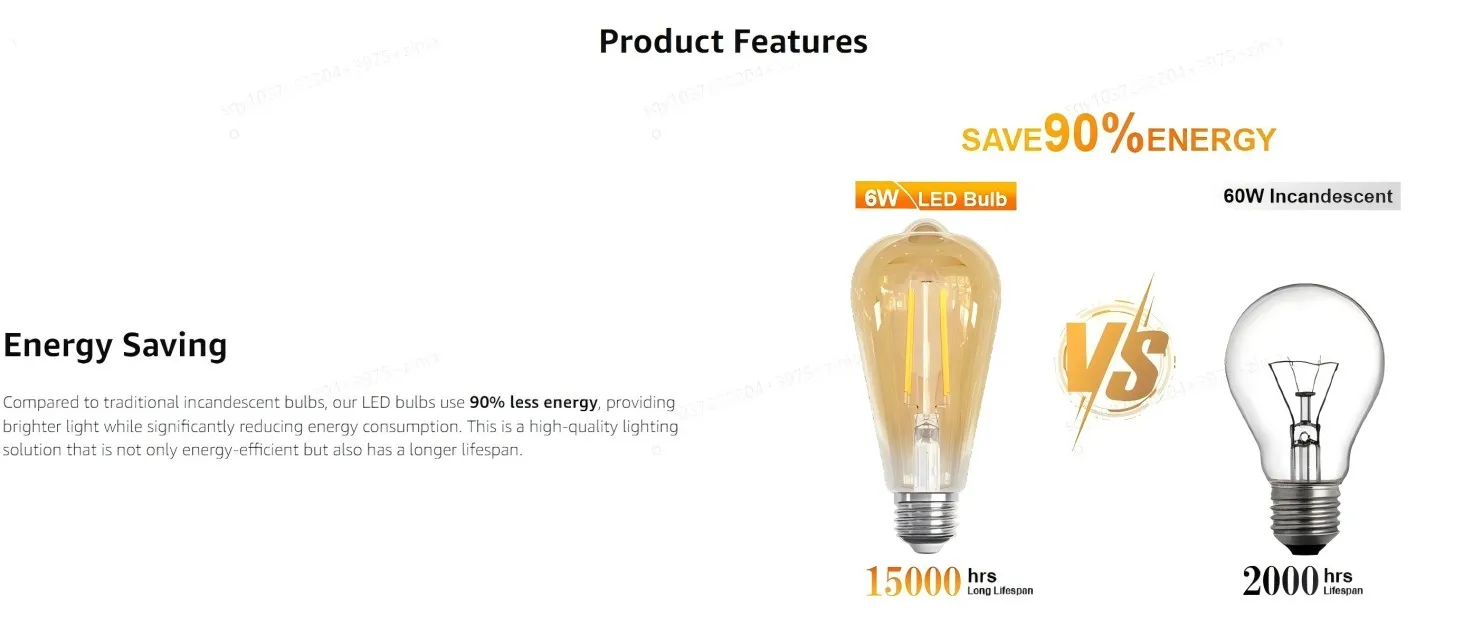 6pack Vintage Light Bulbs 6W ST64 E27 Edison Screw Bulb 2700K LED Bulb Warm White Antique Style Retro Amber Glass Filament Lamp