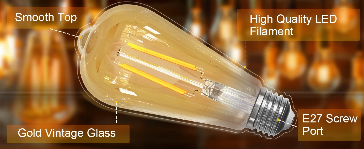 6pack Vintage Light Bulbs 6W ST64 E27 Edison Screw Bulb 2700K LED Bulb Warm White Antique Style Retro Amber Glass Filament Lamp