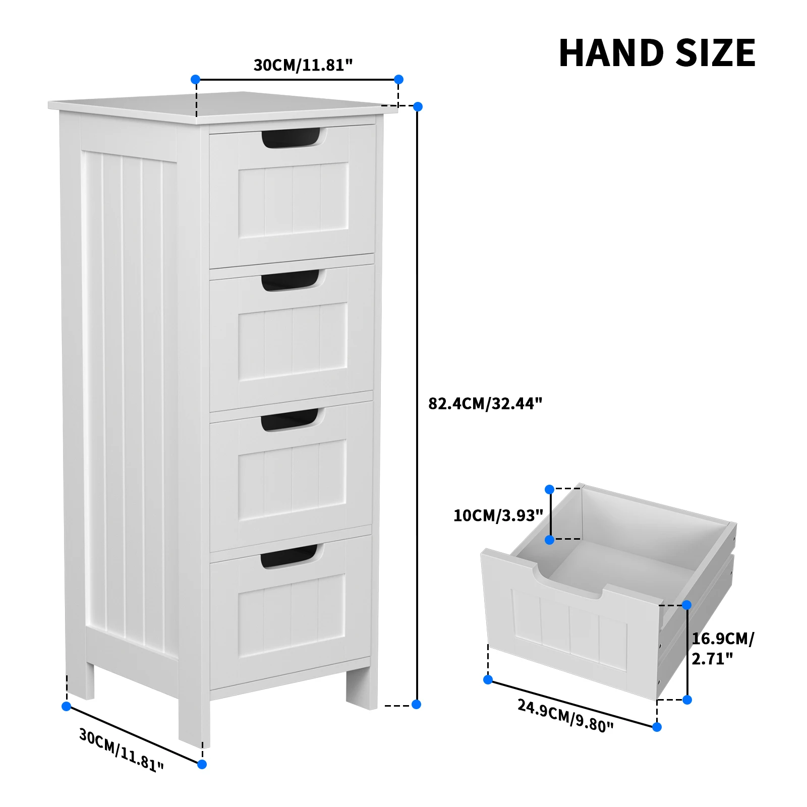 Bathroom Storage Cabinet with 4 Drawers, Wooden Modern Style Free-standing Cabinet for Bathroom, 30 x 30 x 82 cm, White
