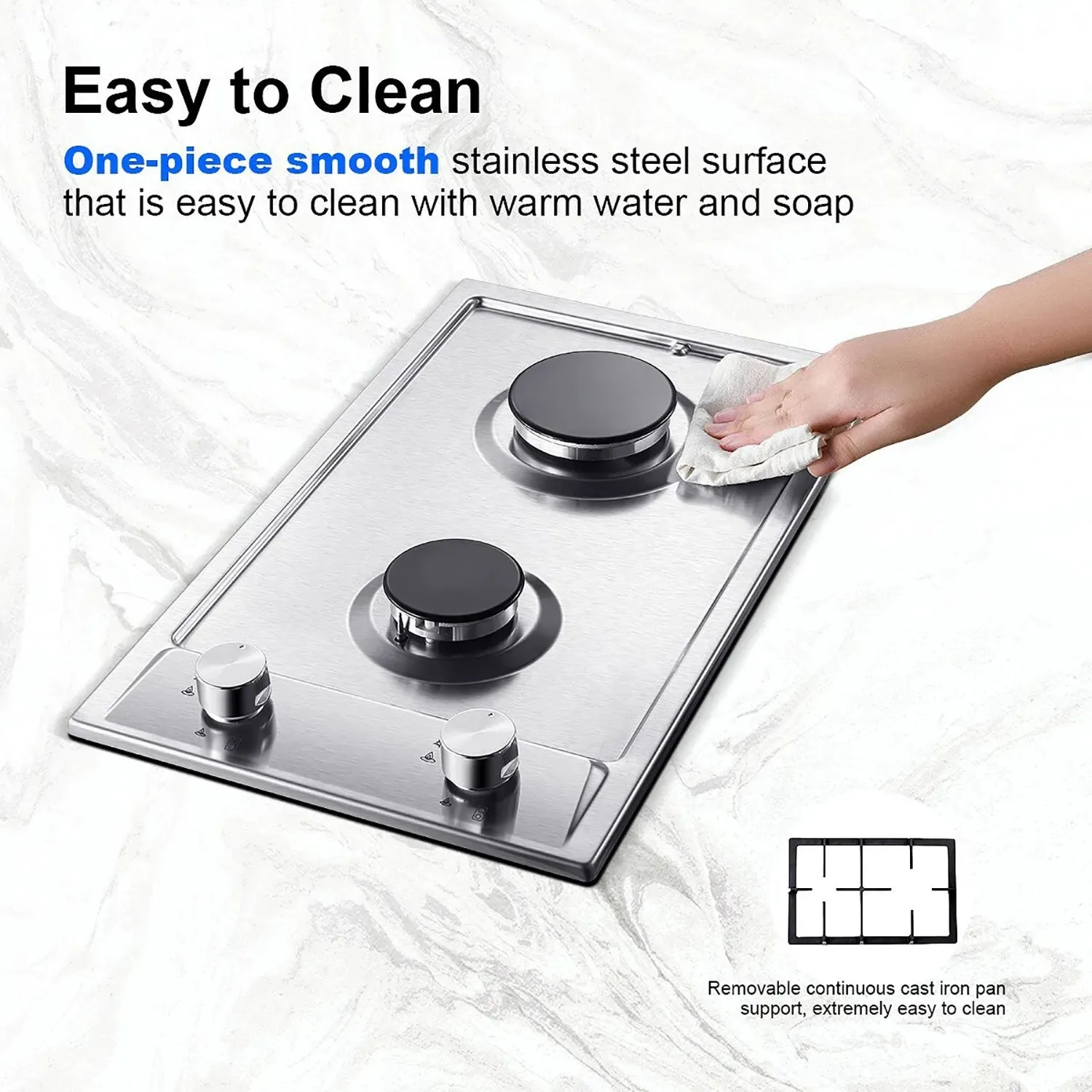 TopStrong 2 Burner 30cm Stainless Steel Kitchen Cast Iron Pan Support Built in NG/LPG Convertible Gas Hob YYUKGCT-S02