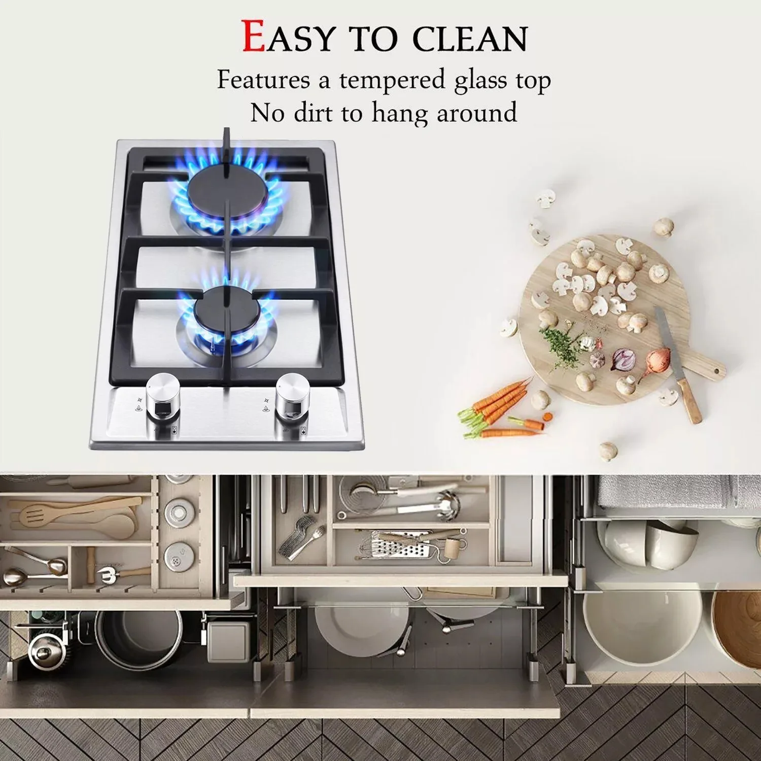 TopStrong 2 Burner 30cm Stainless Steel Kitchen Cast Iron Pan Support Built in NG/LPG Convertible Gas Hob YYUKGCT-S02