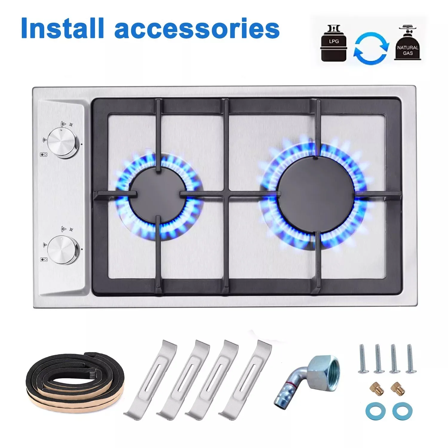 TopStrong 2 Burner 30cm Stainless Steel Kitchen Cast Iron Pan Support Built in NG/LPG Convertible Gas Hob YYUKGCT-S02