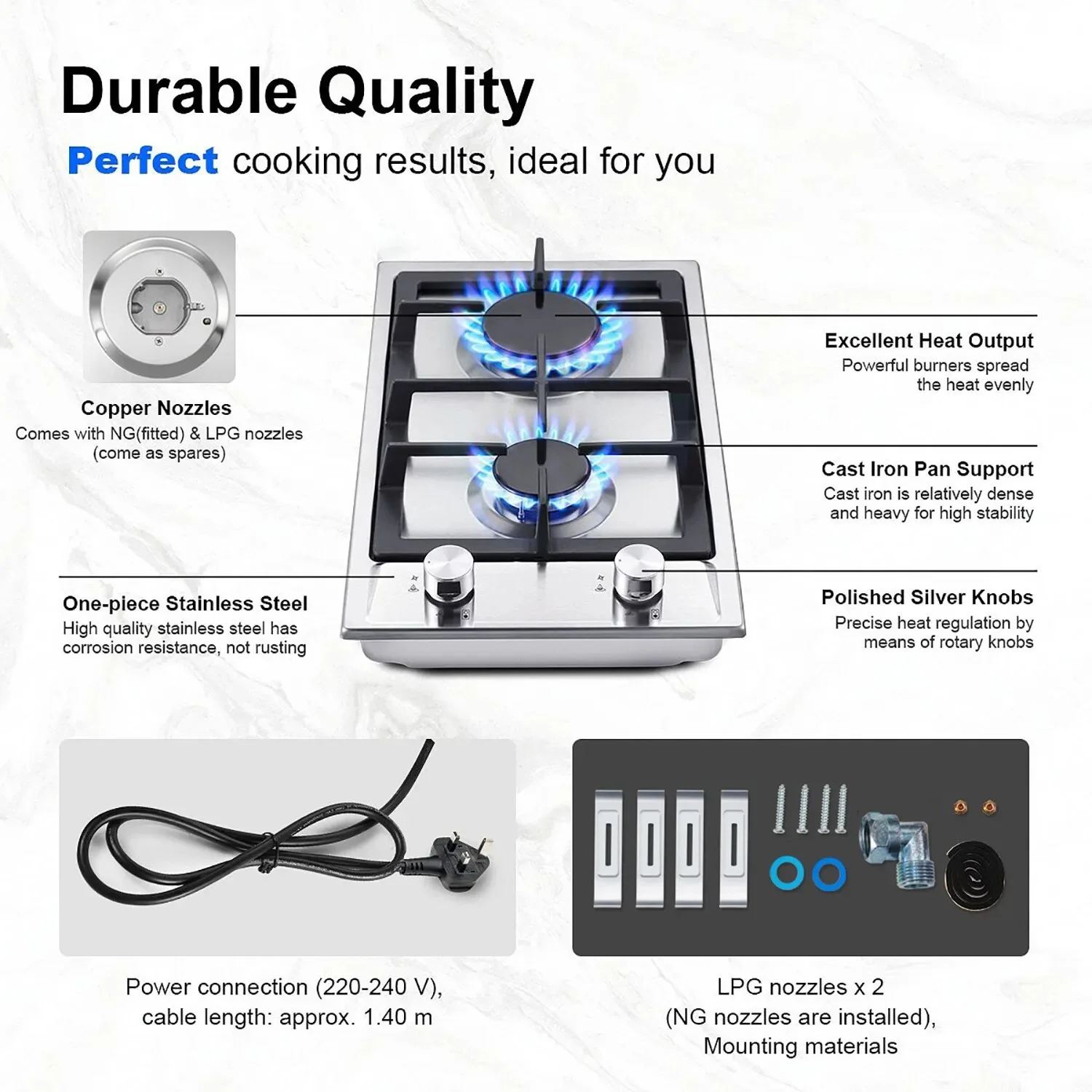 TopStrong 2 Burner 30cm Stainless Steel Kitchen Cast Iron Pan Support Built in NG/LPG Convertible Gas Hob YYUKGCT-S02