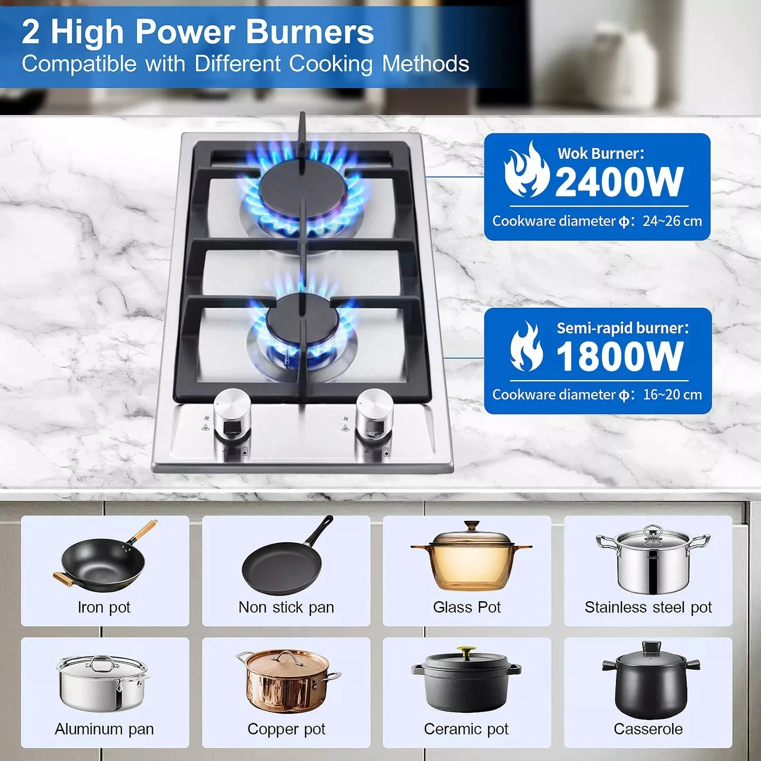 TopStrong 2 Burner 30cm Stainless Steel Kitchen Cast Iron Pan Support Built in NG/LPG Convertible Gas Hob YYUKGCT-S02