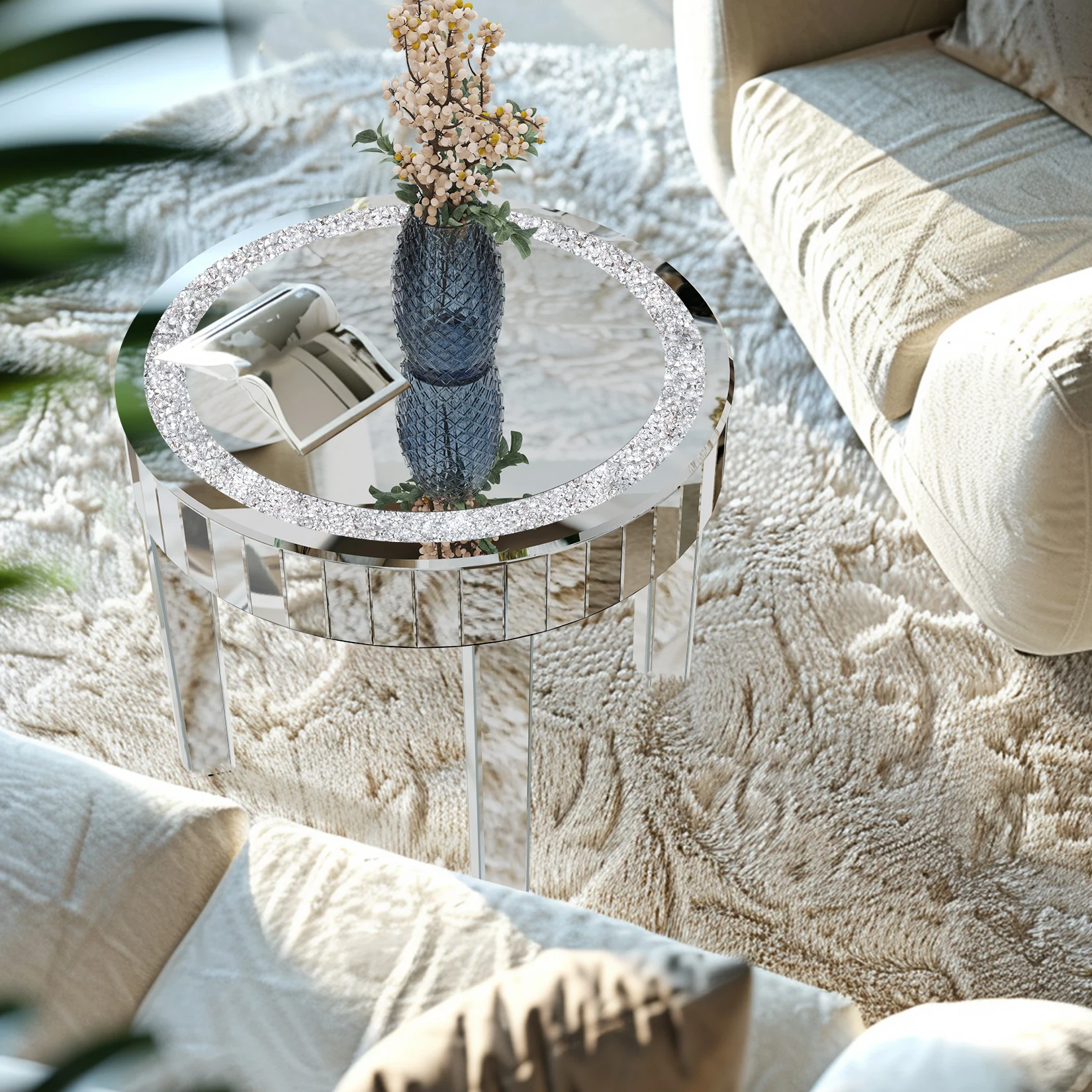 Crushed Crystal Round Mirrored Coffee Table, Sparkle Diamond, Sofa Side End Table, Accent Table, Bedside Table