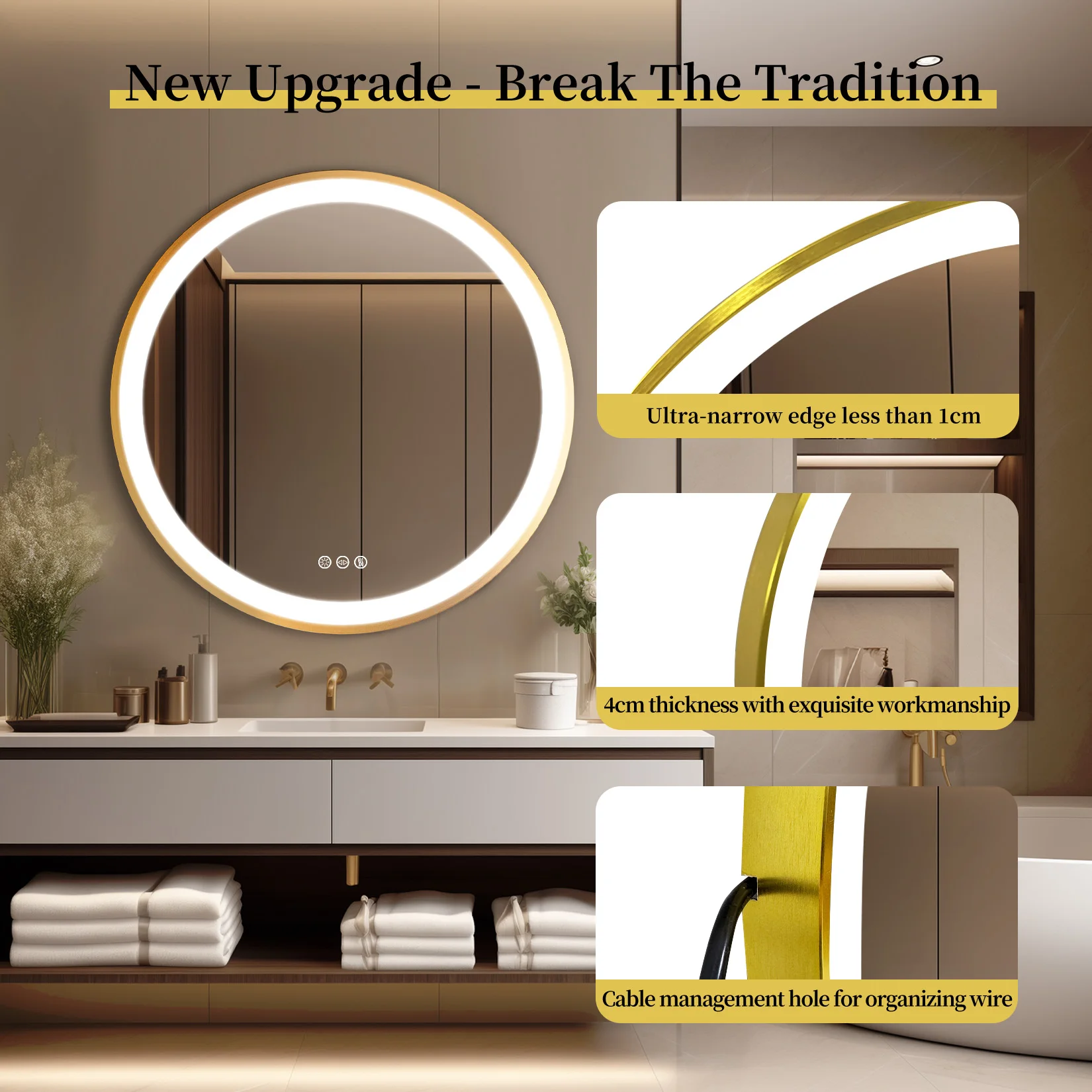 Wisfor Gold Round Aluminum Frame Bathroom Mirror 24" Lighted Smart Touch Switch 3 Color Dimmable light Anti-Fog Makeup Mirror