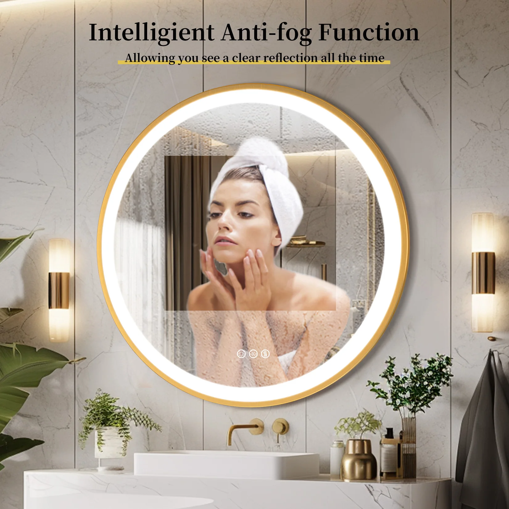 Wisfor Gold Round Aluminum Frame Bathroom Mirror 24" Lighted Smart Touch Switch 3 Color Dimmable light Anti-Fog Makeup Mirror