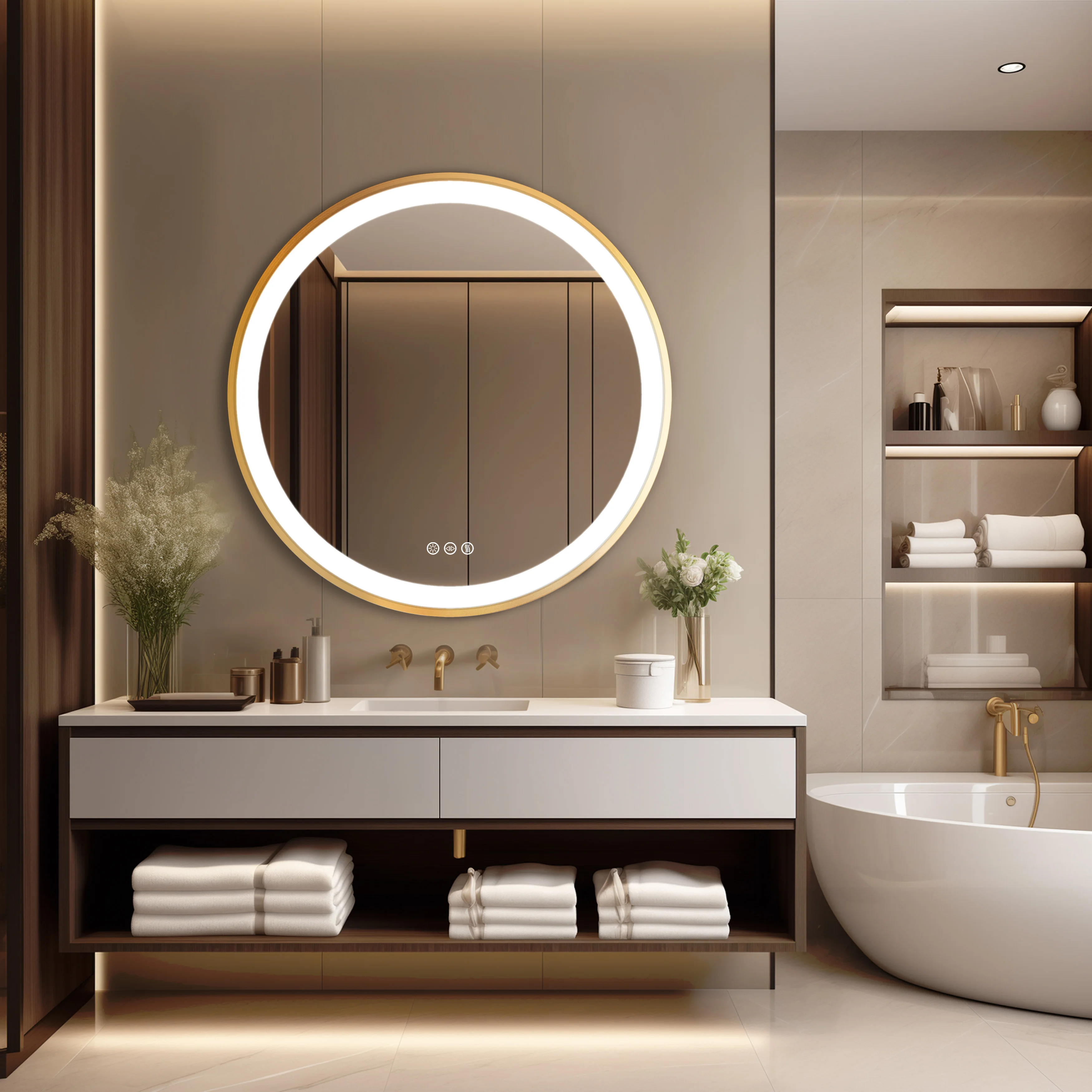 Wisfor Gold Round Aluminum Frame Bathroom Mirror 24" Lighted Smart Touch Switch 3 Color Dimmable light Anti-Fog Makeup Mirror