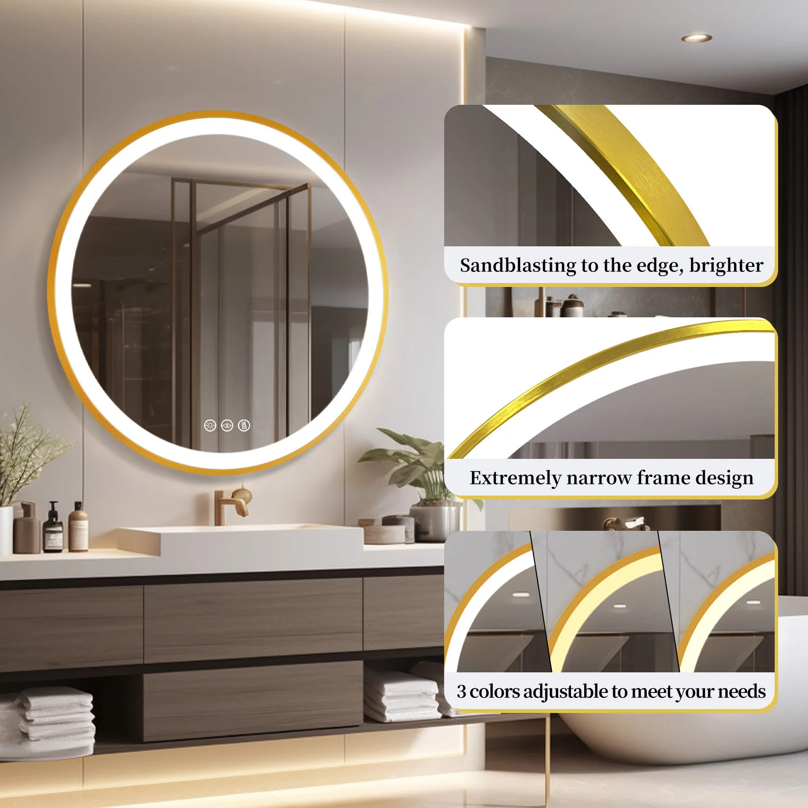 Wisfor Gold Round Aluminum Frame Bathroom Mirror 24" Lighted Smart Touch Switch 3 Color Dimmable light Anti-Fog Makeup Mirror