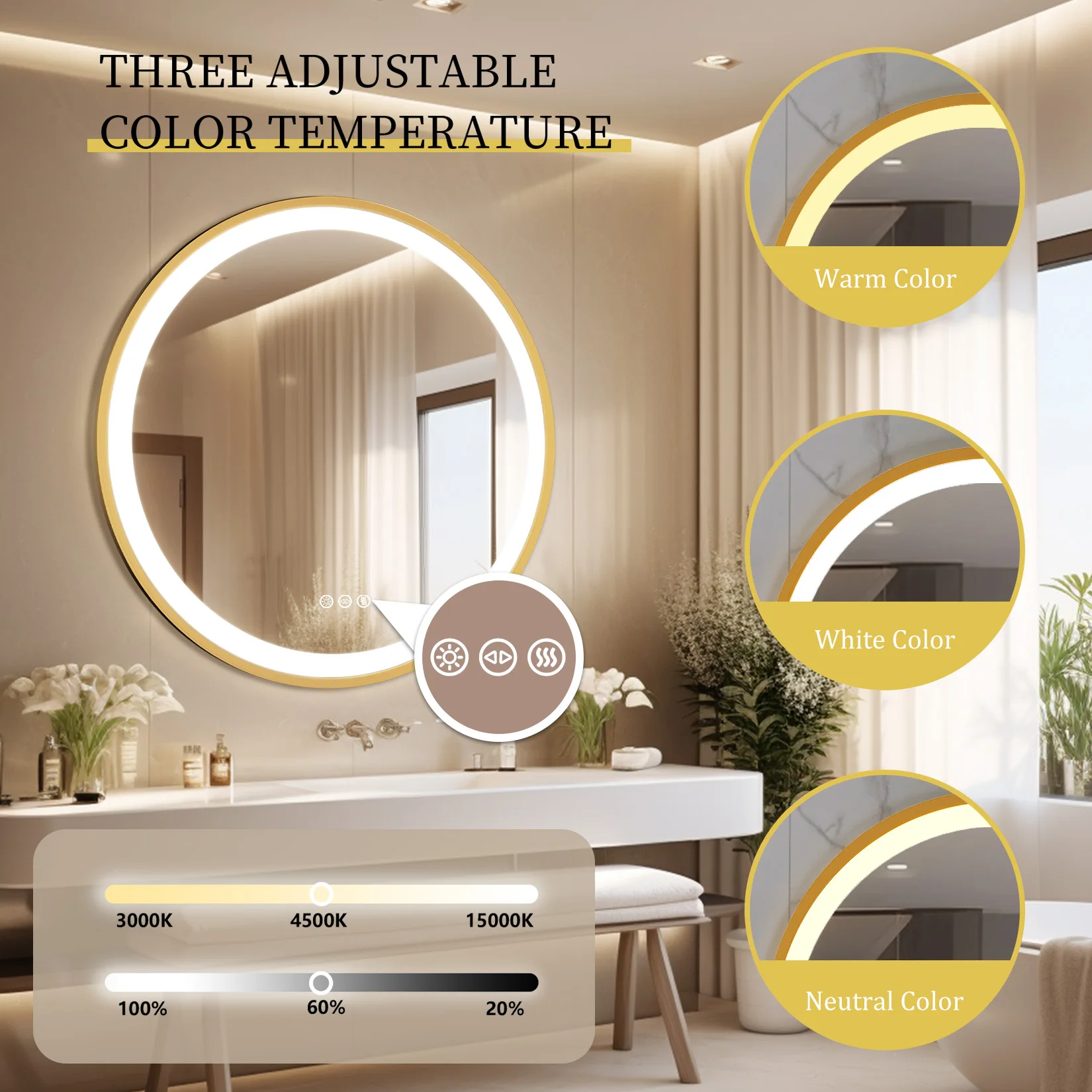 Wisfor Gold Round Aluminum Frame Bathroom Mirror 24" Lighted Smart Touch Switch 3 Color Dimmable light Anti-Fog Makeup Mirror