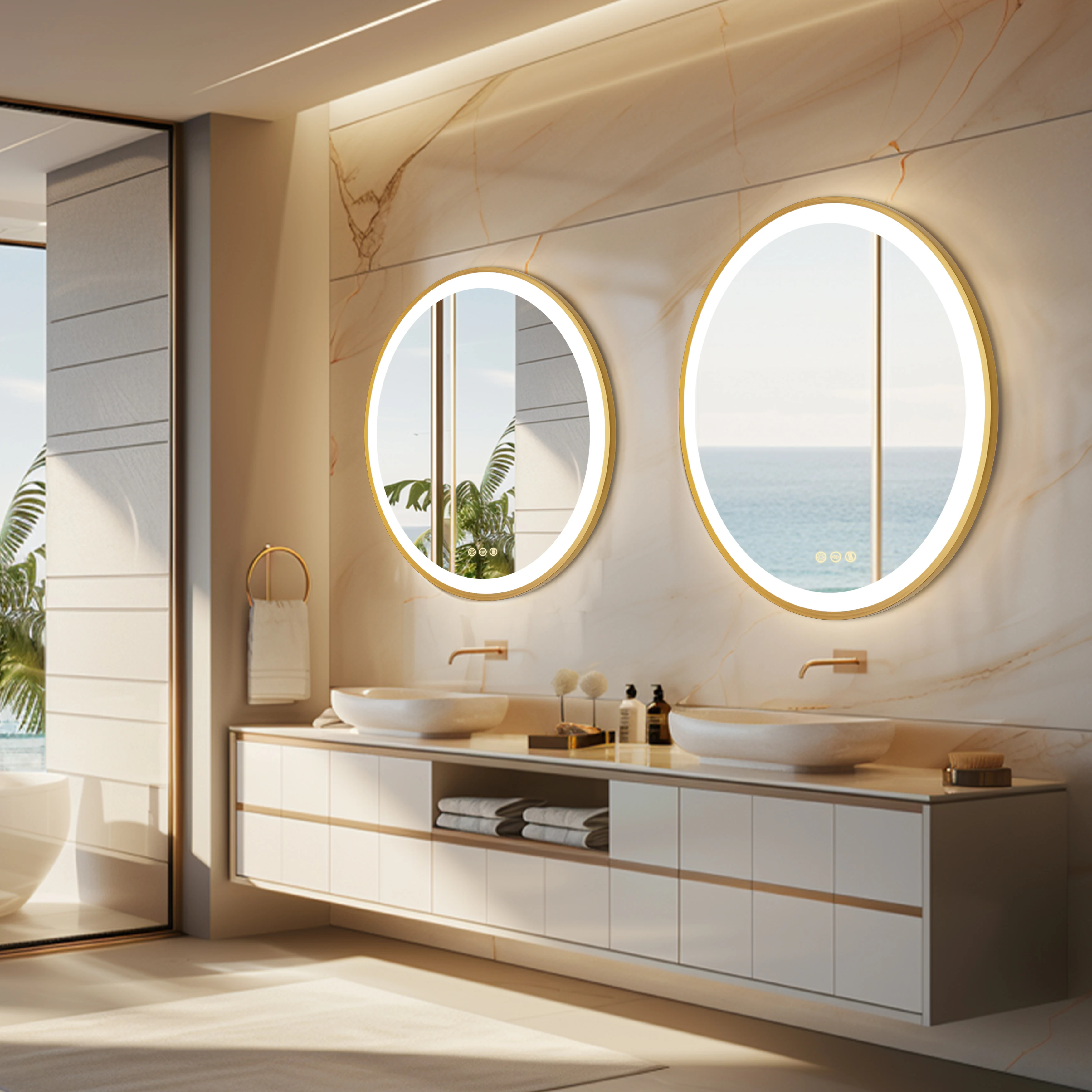 Wisfor Gold Round Aluminum Frame Bathroom Mirror 24" Lighted Smart Touch Switch 3 Color Dimmable light Anti-Fog Makeup Mirror