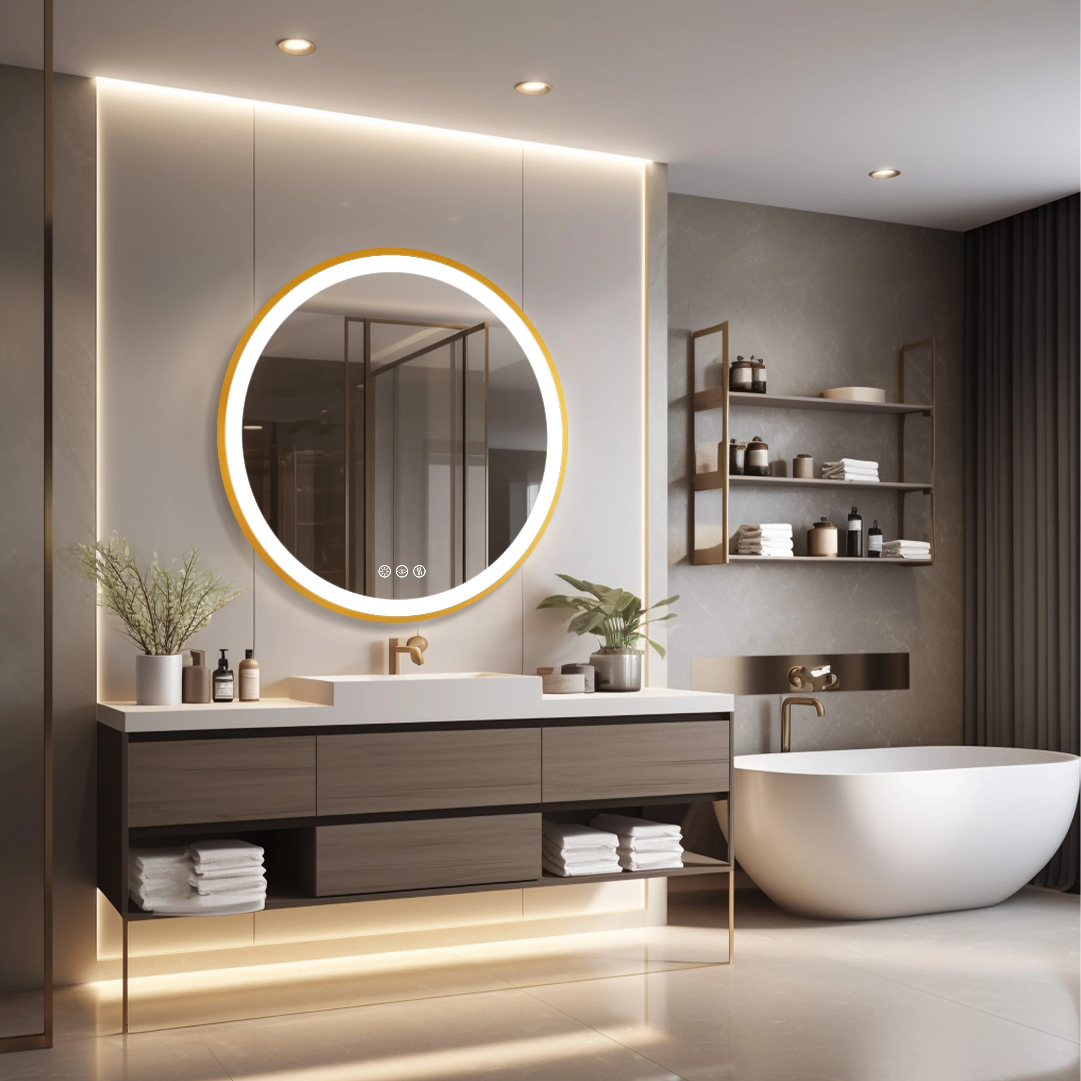 Wisfor Gold Round Aluminum Frame Bathroom Mirror 24" Lighted Smart Touch Switch 3 Color Dimmable light Anti-Fog Makeup Mirror