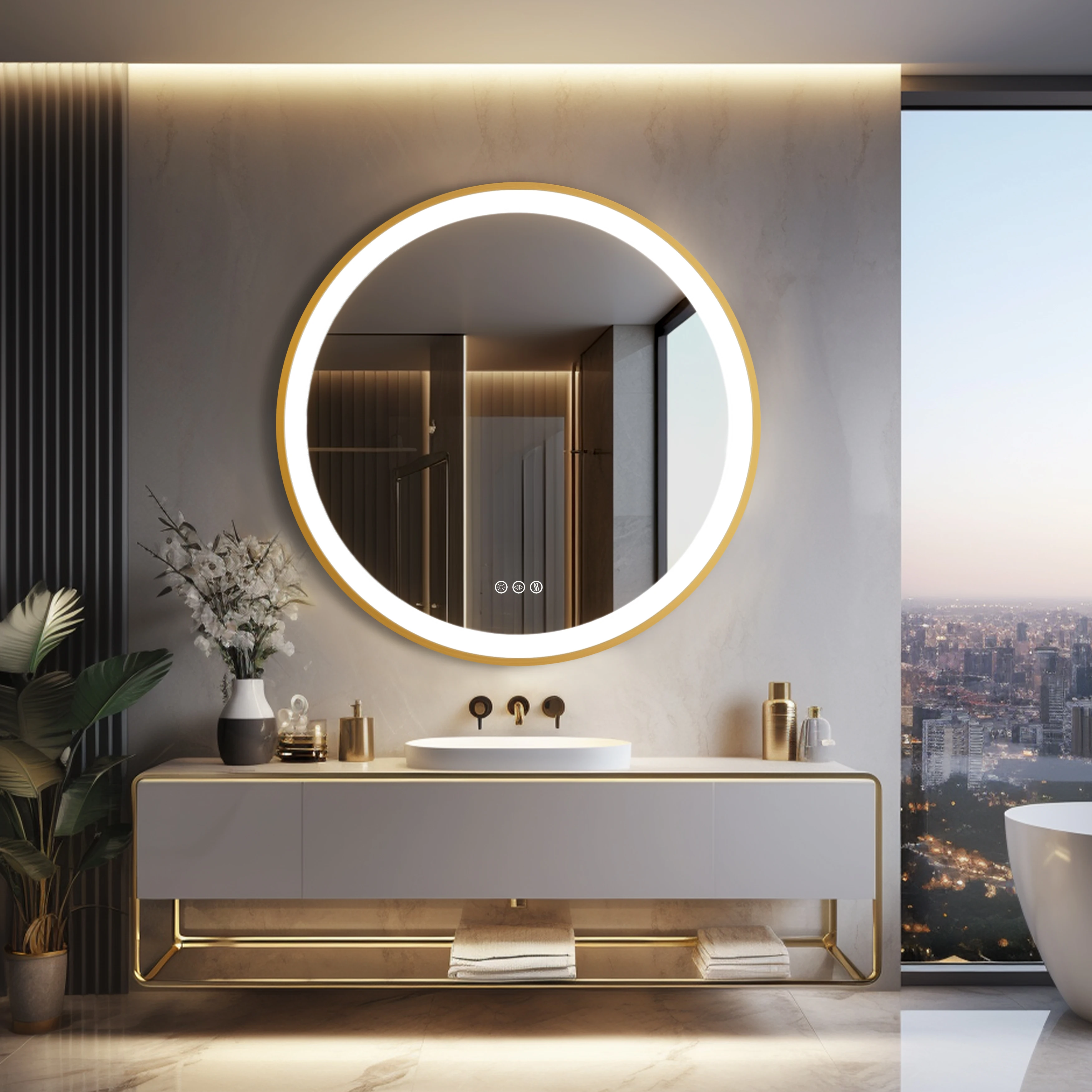 Wisfor Gold Round Aluminum Frame Bathroom Mirror 24" Lighted Smart Touch Switch 3 Color Dimmable light Anti-Fog Makeup Mirror
