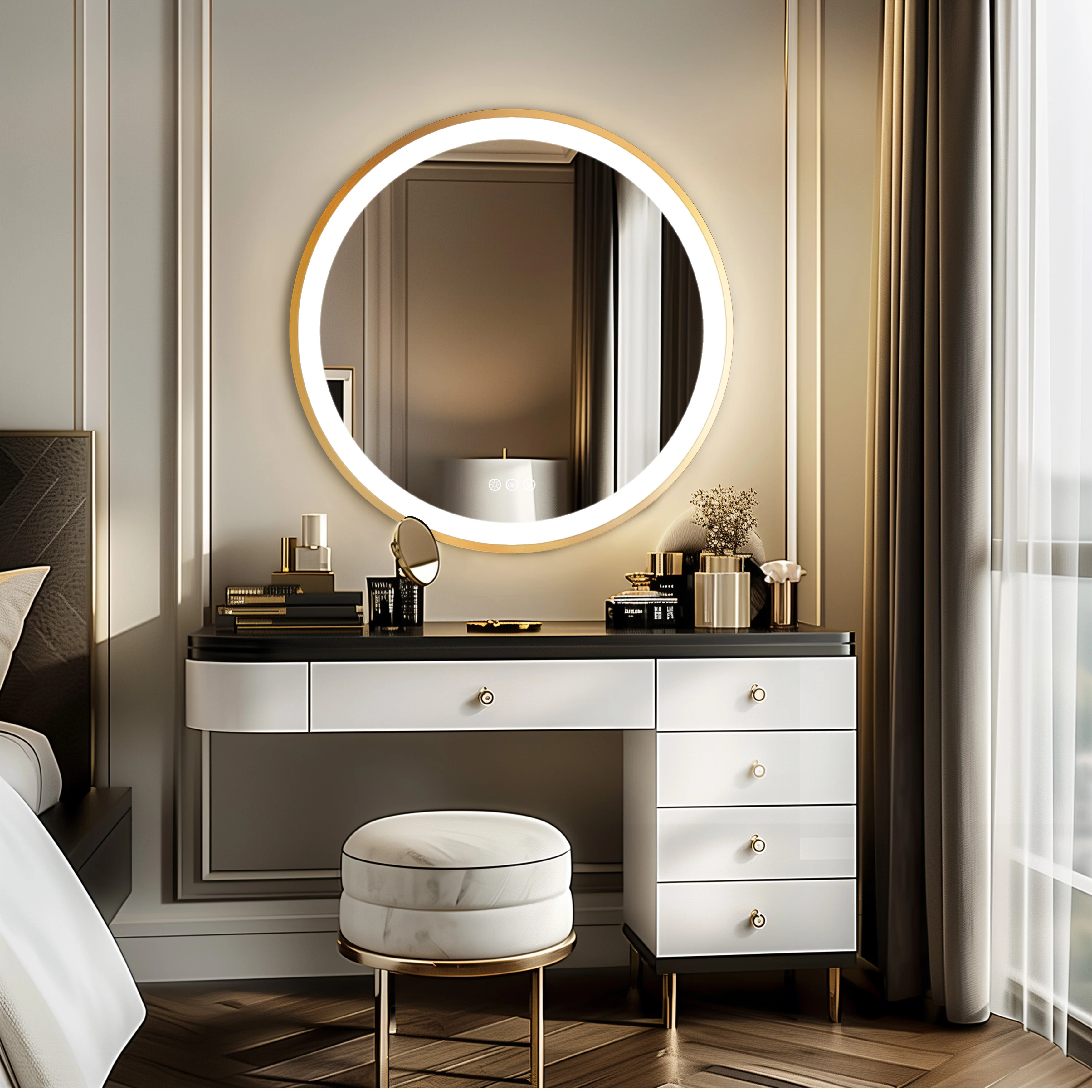 Wisfor Gold Round Aluminum Frame Bathroom Mirror 24" Lighted Smart Touch Switch 3 Color Dimmable light Anti-Fog Makeup Mirror