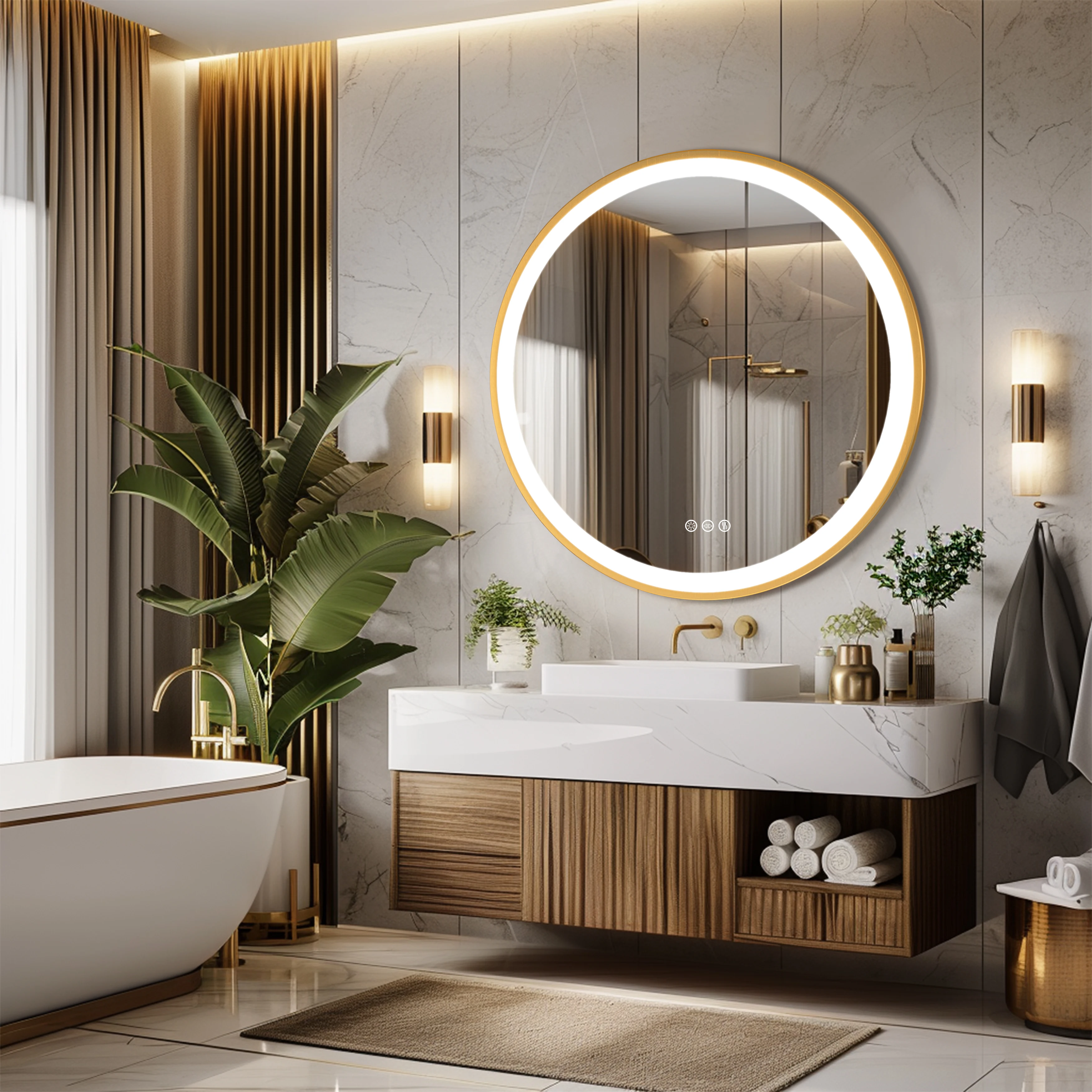 Wisfor Gold Round Aluminum Frame Bathroom Mirror 24" Lighted Smart Touch Switch 3 Color Dimmable light Anti-Fog Makeup Mirror
