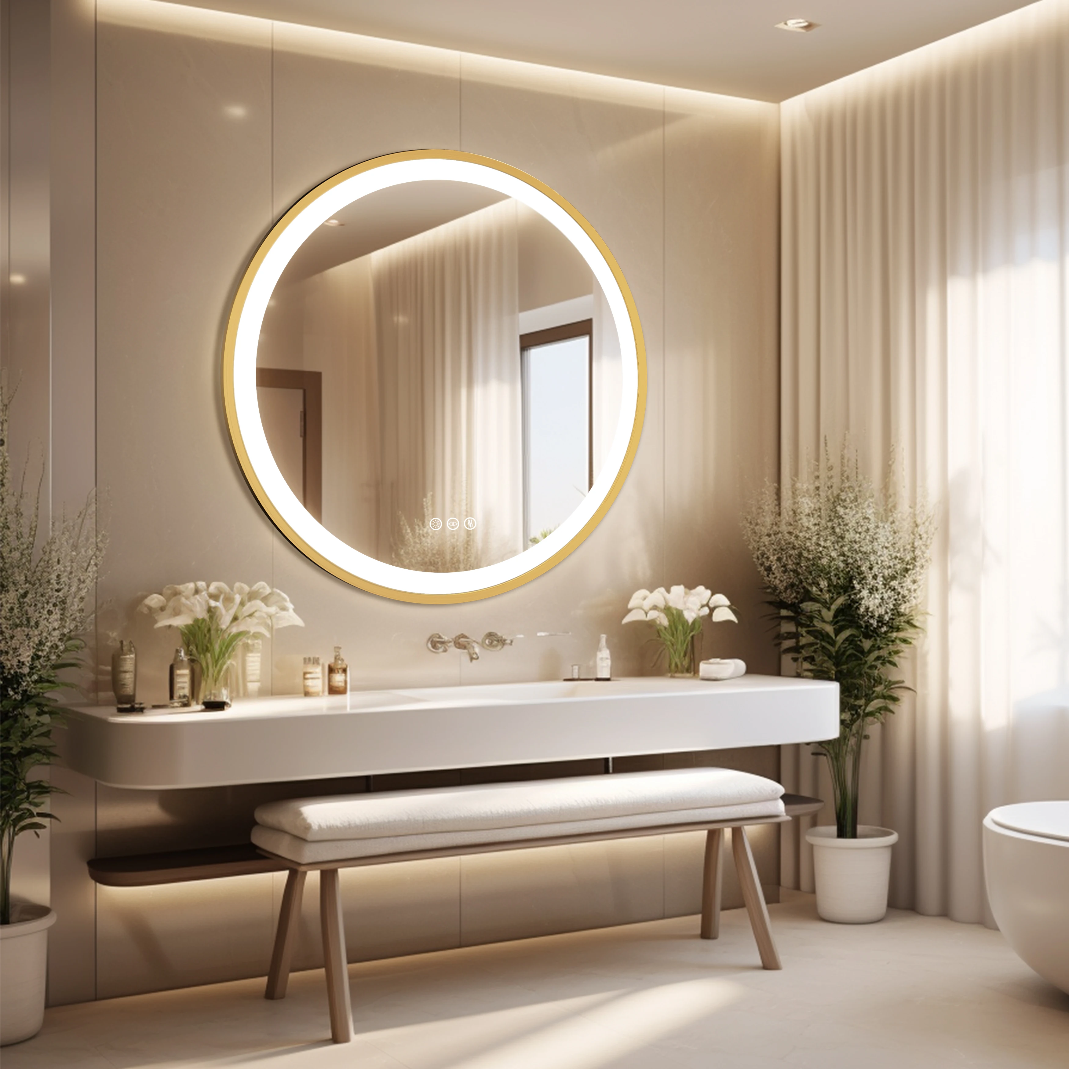 Wisfor Gold Round Aluminum Frame Bathroom Mirror 24" Lighted Smart Touch Switch 3 Color Dimmable light Anti-Fog Makeup Mirror