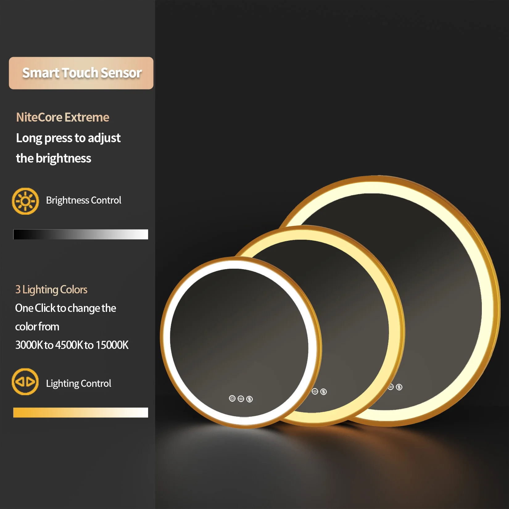 Wisfor Gold Round Aluminum Frame Bathroom Mirror 24" Lighted Smart Touch Switch 3 Color Dimmable light Anti-Fog Makeup Mirror