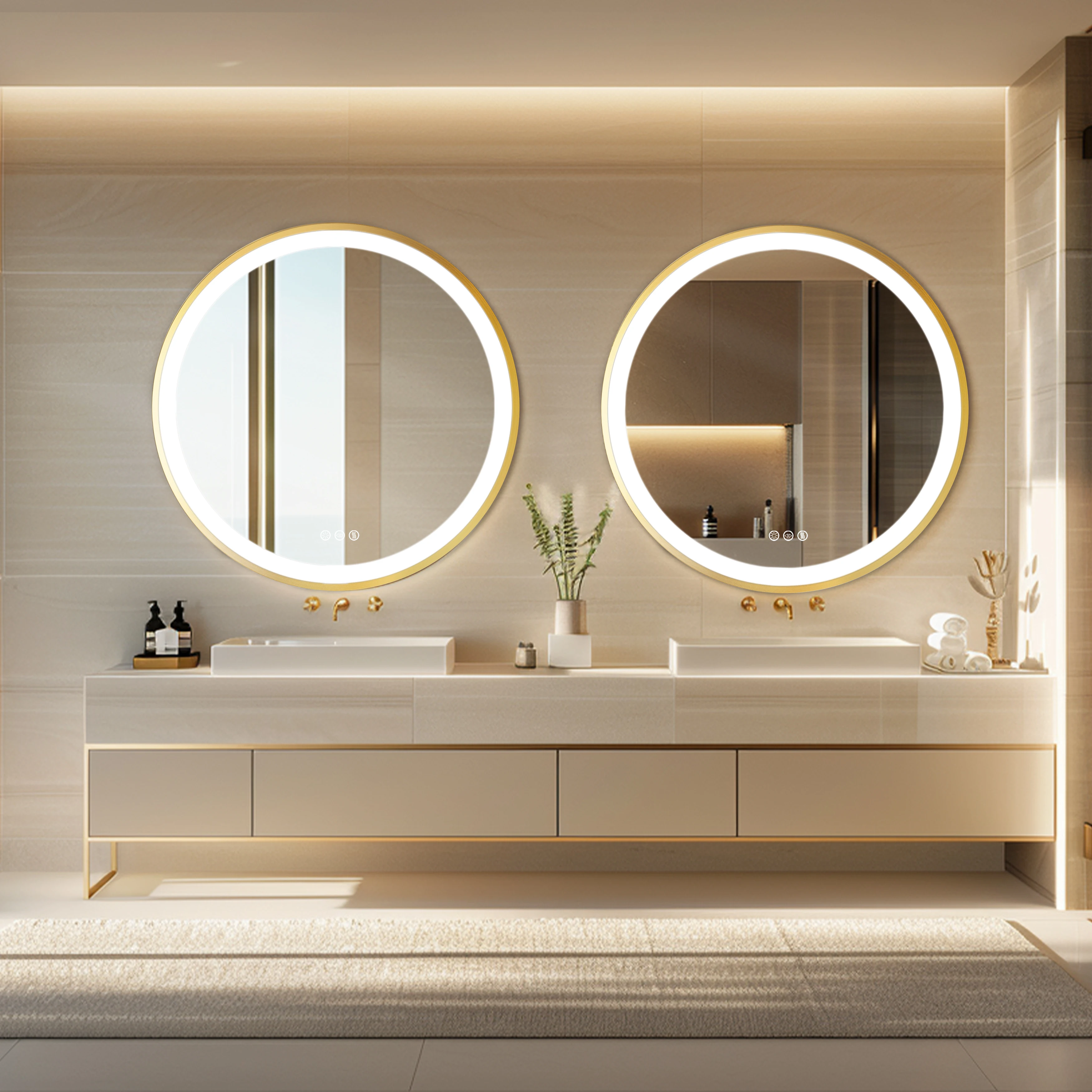 Wisfor Gold Round Aluminum Frame Bathroom Mirror 24" Lighted Smart Touch Switch 3 Color Dimmable light Anti-Fog Makeup Mirror