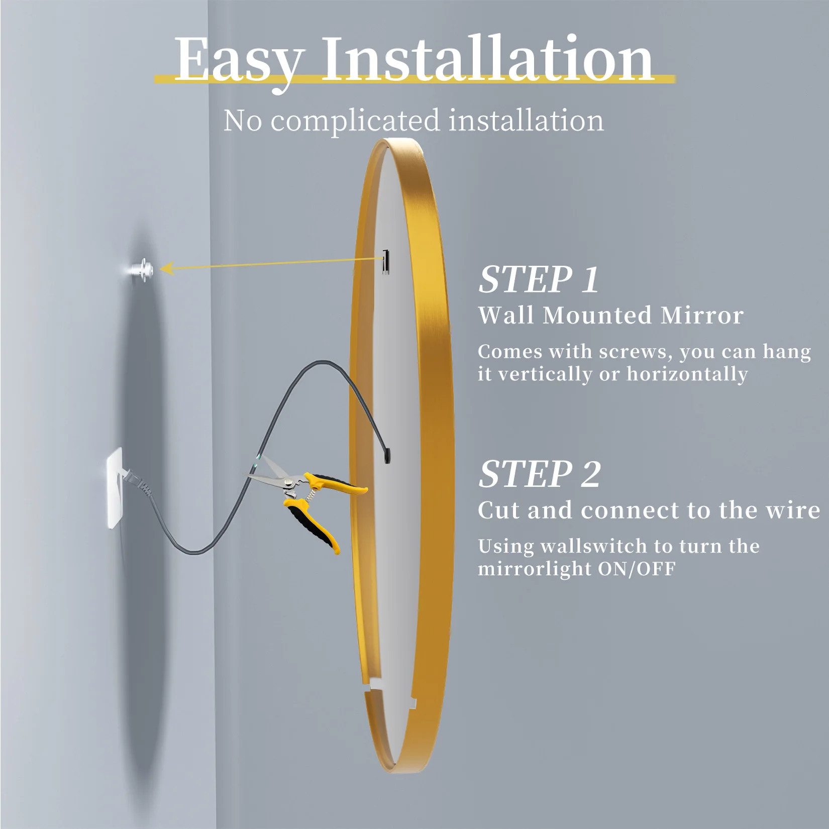 Wisfor Gold Round Aluminum Frame Bathroom Mirror 24" Lighted Smart Touch Switch 3 Color Dimmable light Anti-Fog Makeup Mirror