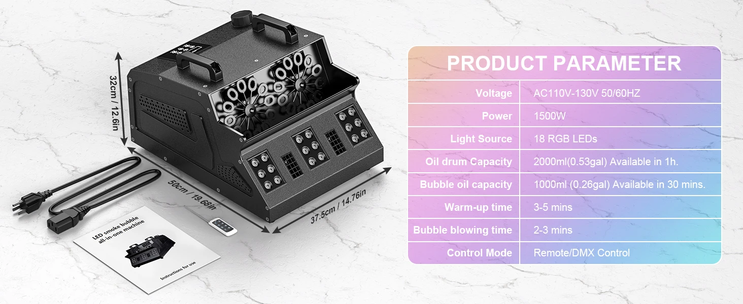 Gwong 1500W Smoke Bubble Machine 3in1 RGB 18 LEDs Bubble Fog Machine DMX512 Remote Stage Effect Light For DJ Party Wedding Halloween