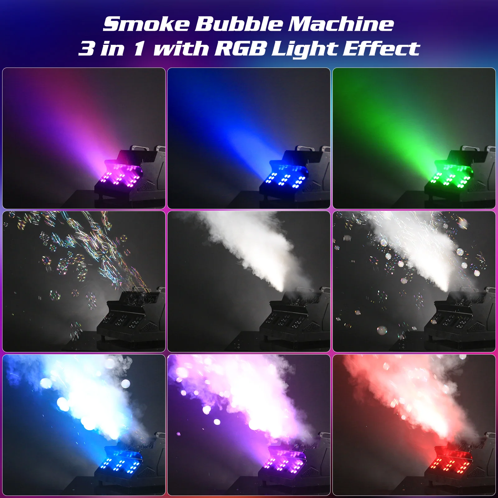 Gwong 1500W Smoke Bubble Machine 3in1 RGB 18 LEDs Bubble Fog Machine DMX512 Remote Stage Effect Light For DJ Party Wedding Halloween