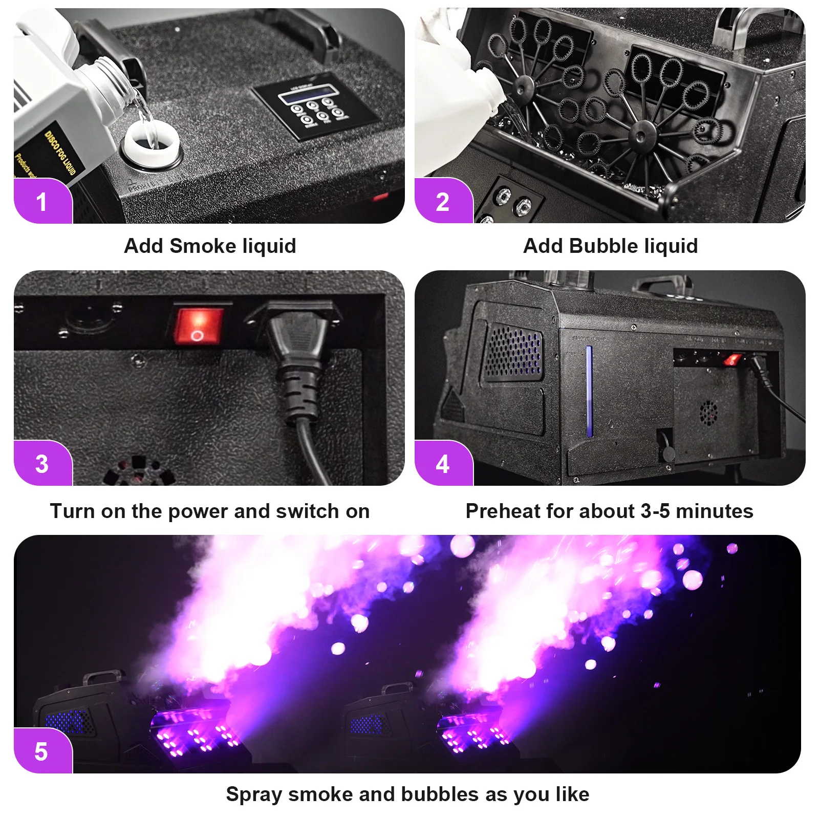 Gwong 1500W Smoke Bubble Machine 3in1 RGB 18 LEDs Bubble Fog Machine DMX512 Remote Stage Effect Light For DJ Party Wedding Halloween