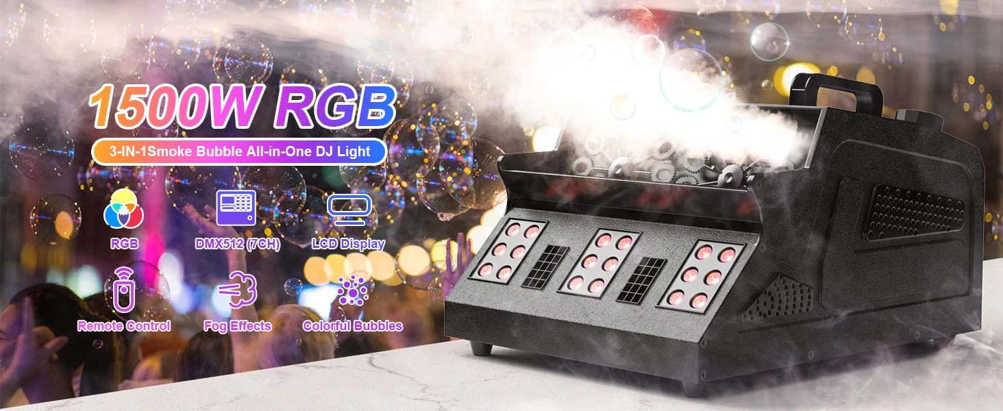 Gwong 1500W Smoke Bubble Machine 3in1 RGB 18 LEDs Bubble Fog Machine DMX512 Remote Stage Effect Light For DJ Party Wedding Halloween