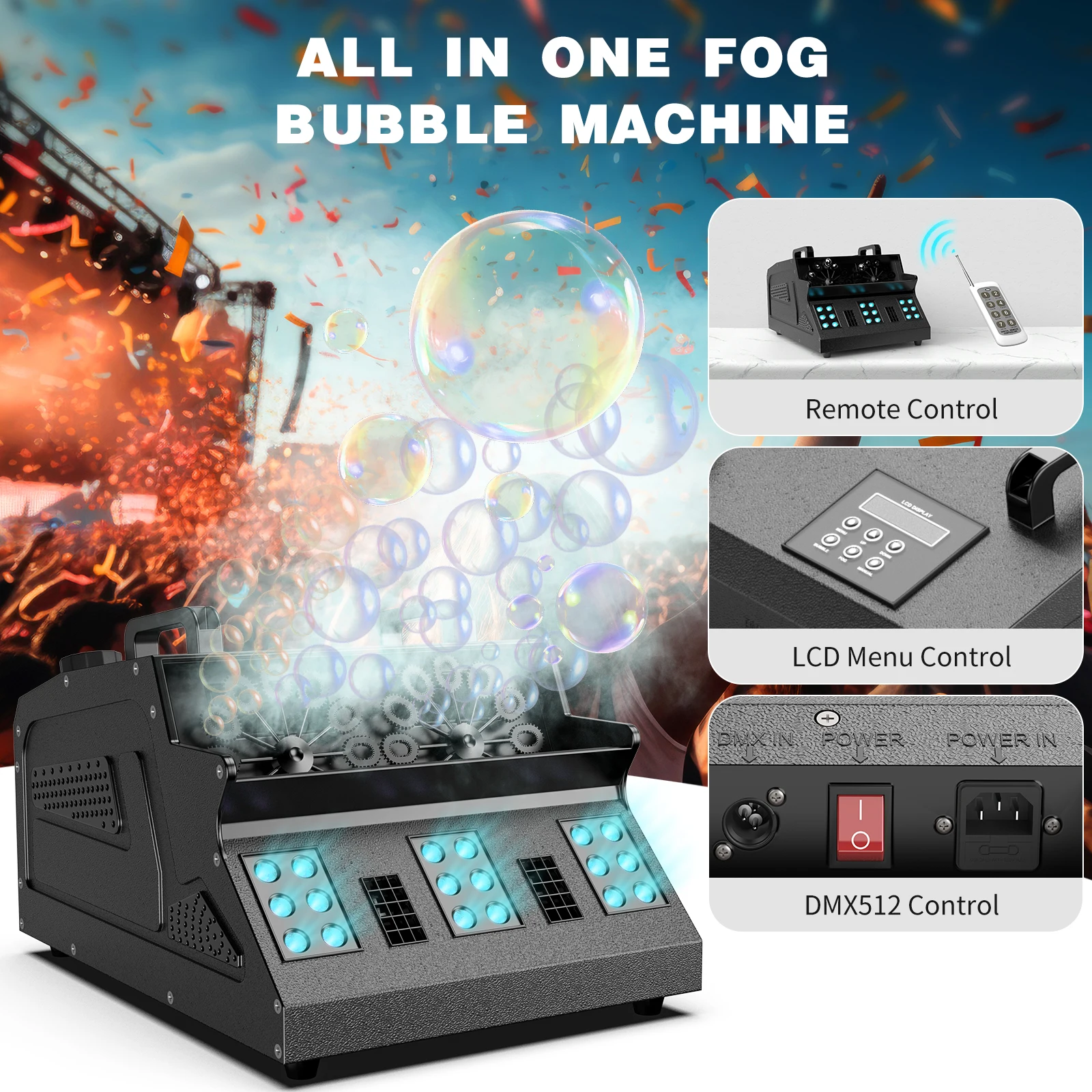 Gwong 1500W Smoke Bubble Machine 3in1 RGB 18 LEDs Bubble Fog Machine DMX512 Remote Stage Effect Light For DJ Party Wedding Halloween
