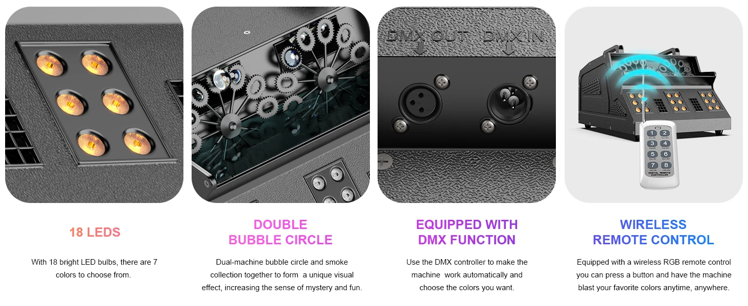 Gwong 1500W Smoke Bubble Machine 3in1 RGB 18 LEDs Bubble Fog Machine DMX512 Remote Stage Effect Light For DJ Party Wedding Halloween