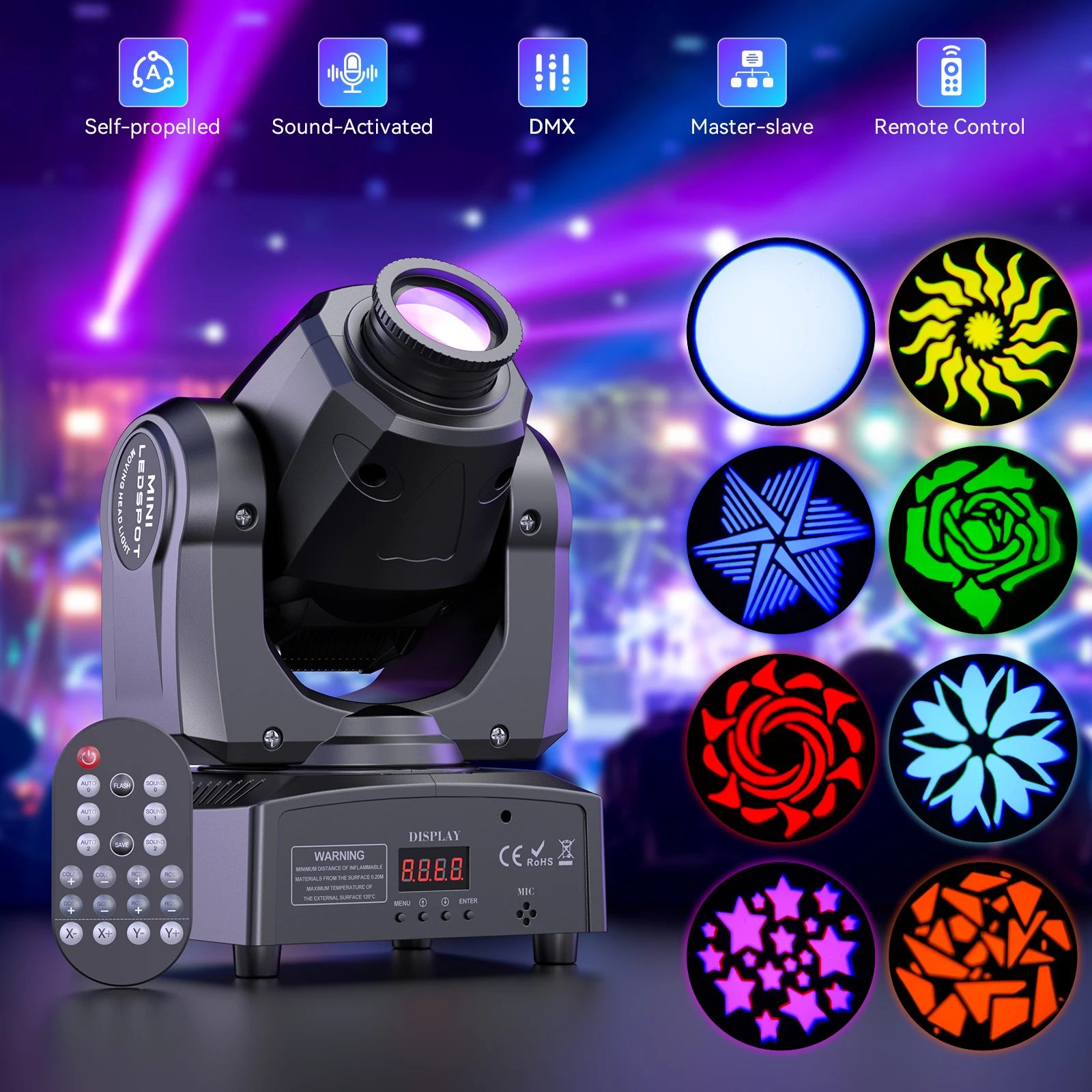 Gwong 150W LED Show Light Gobo Pattern Light Stgae Effect Moving Head Light with Remote Control 9/11CH DMX for Wedding Concert Club KTV