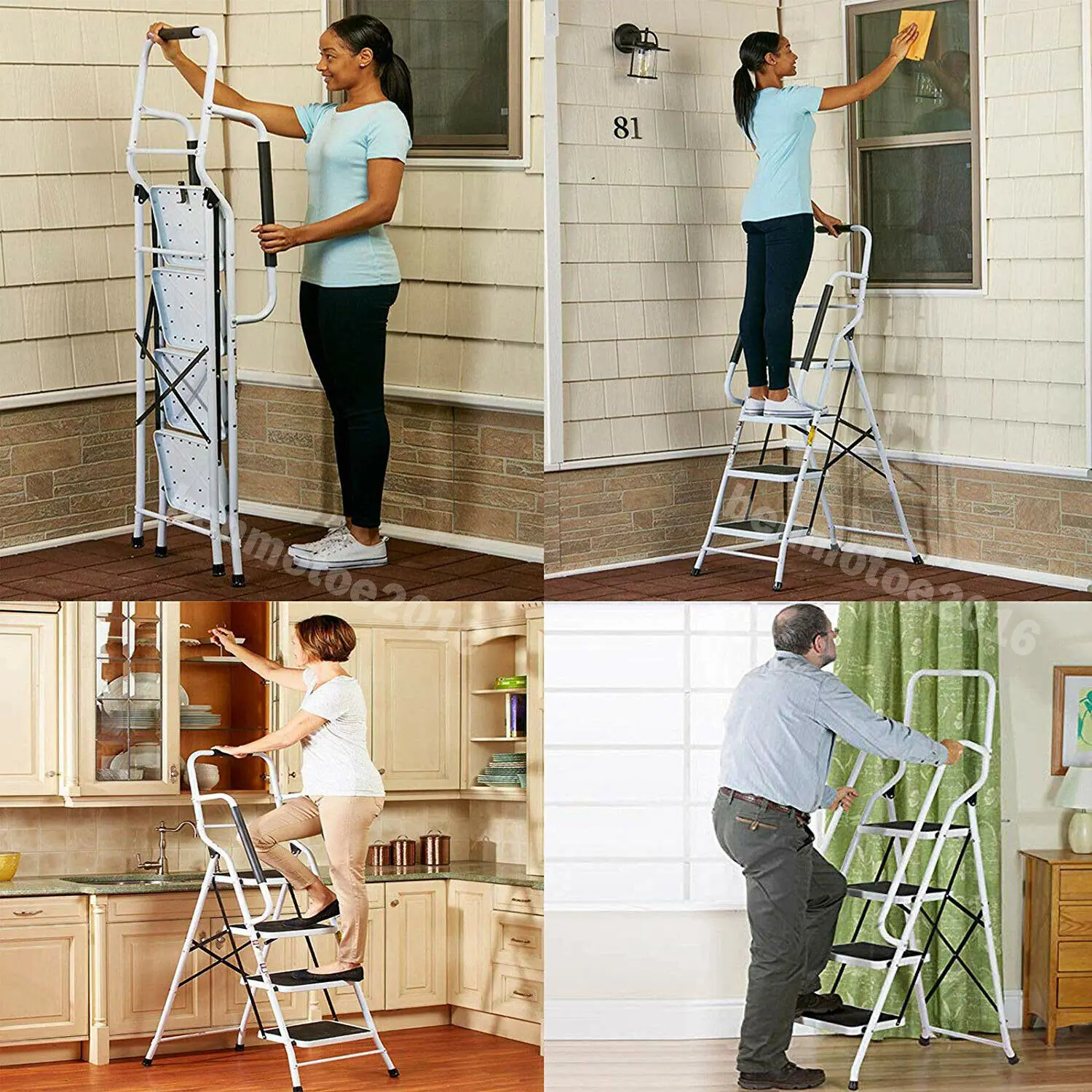 Folding Steel Step Ladder Heavy Duty Stool Seat Portable Ladder Metal Foot With Safety Non Slip Rubber For Office Garage Home