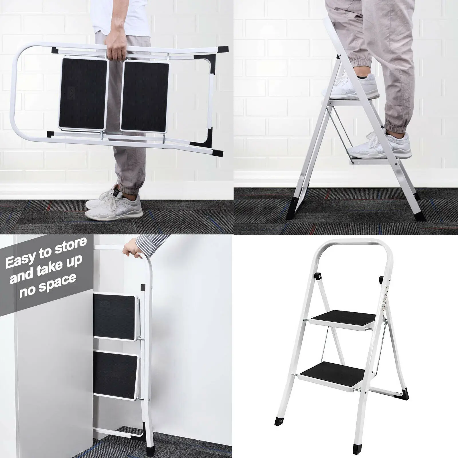 Folding Steel Step Ladder Heavy Duty Stool Seat Portable Ladder Metal Foot With Safety Non Slip Rubber For Office Garage Home
