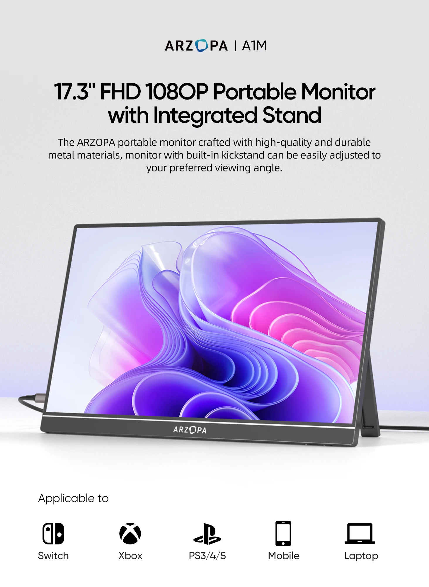 ARZOPA Portable Monitor 17.3'' 1080P HDR IPS Kickstand Speakers for PC Mac Phone Xbox Switch PS HDMI USB External Laptop Screen
