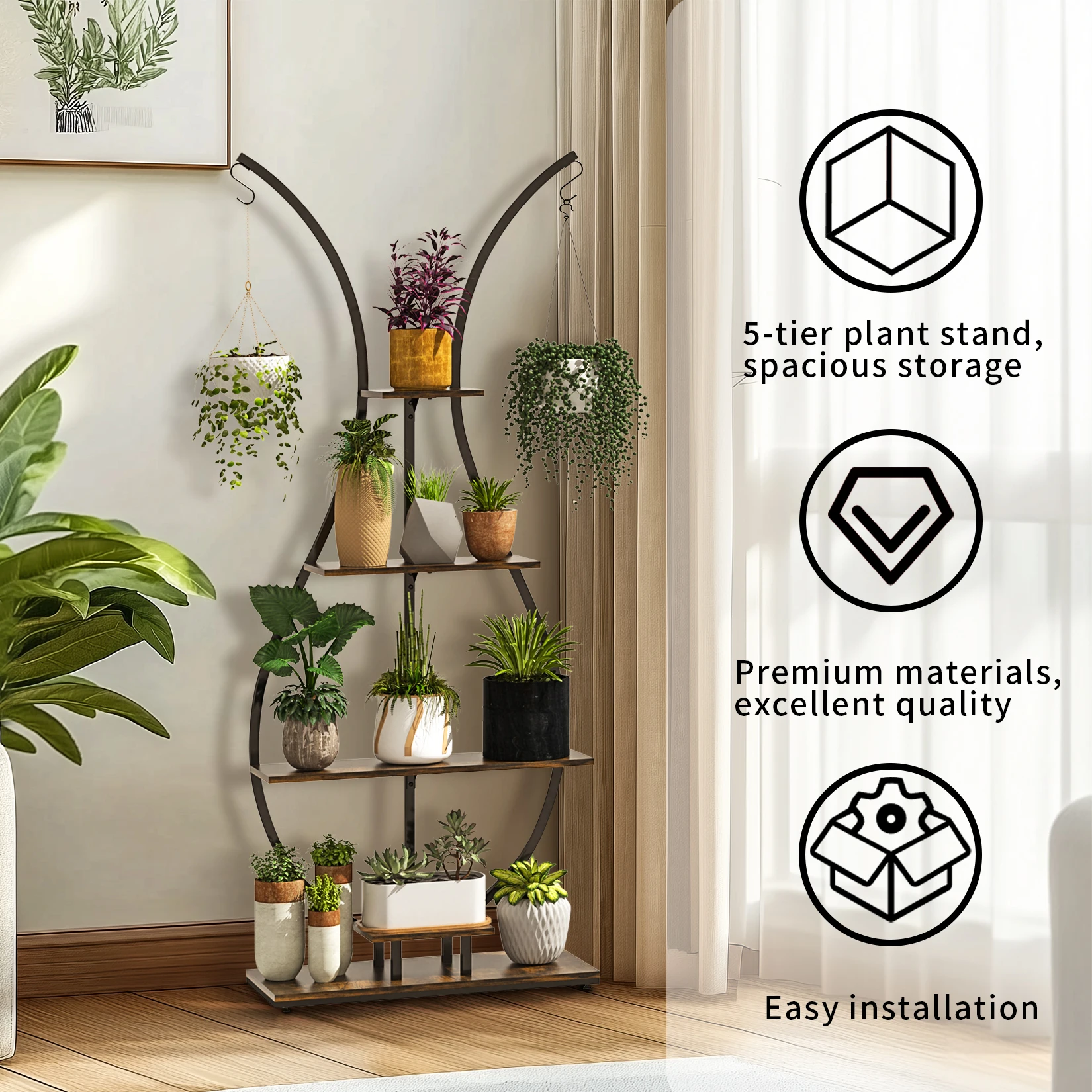 Vase Shape Tall Planter Display Rack Metal Garden Plant Stand with 5 Tiers and Hangers