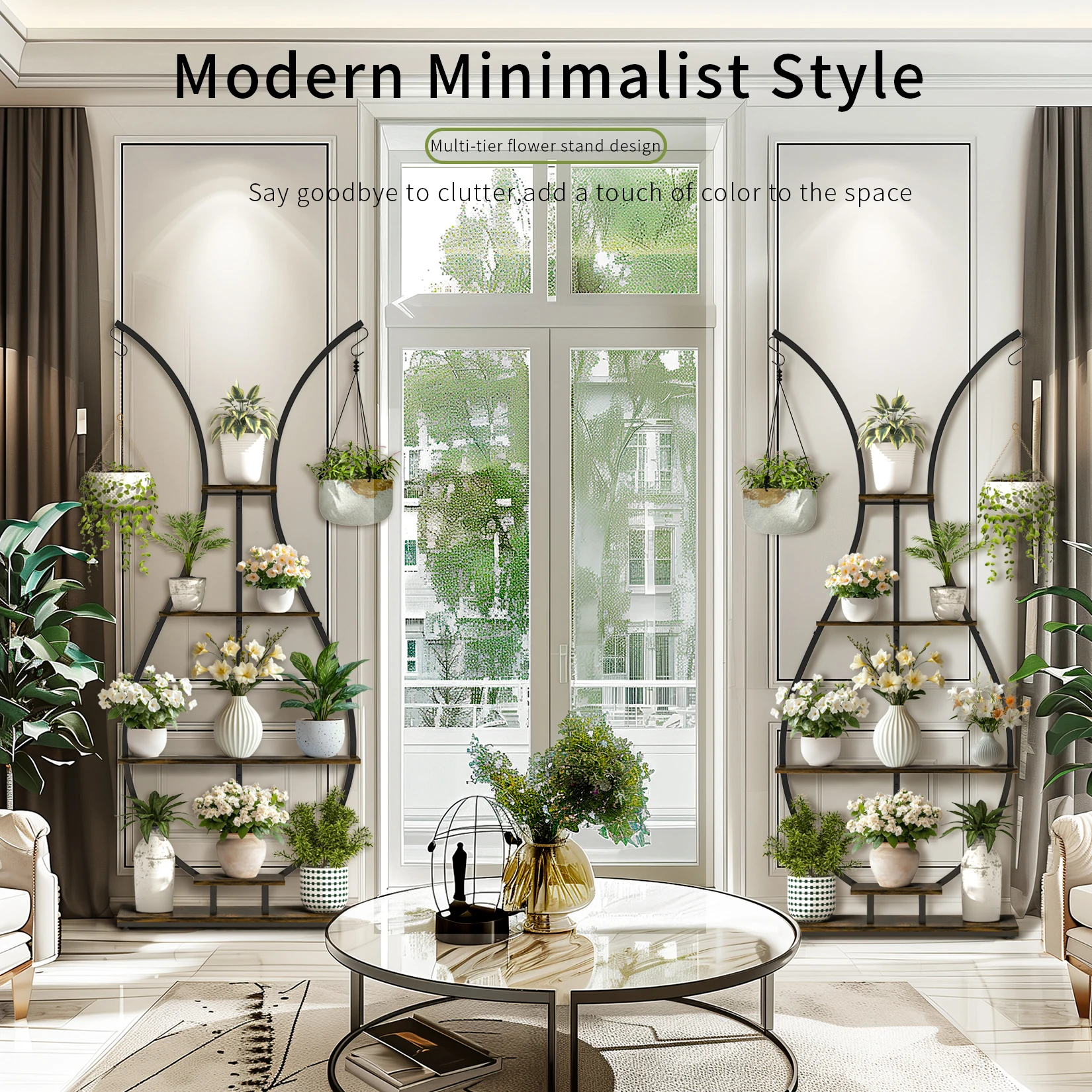 Vase Shape Tall Planter Display Rack Metal Garden Plant Stand with 5 Tiers and Hangers