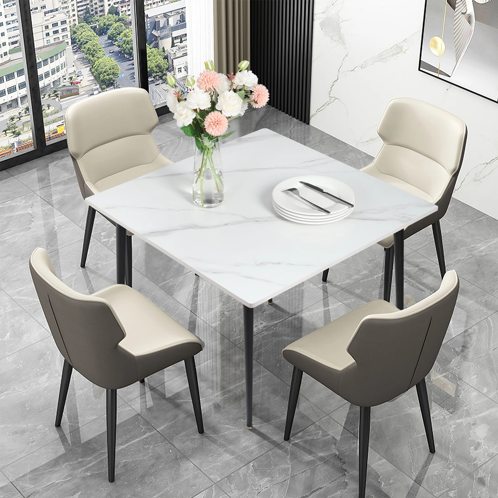 Rectangular Dining Modern Dining Desk Table Furniture with Natural Texture Sintered Stone Top Metal Frame for Dining Room