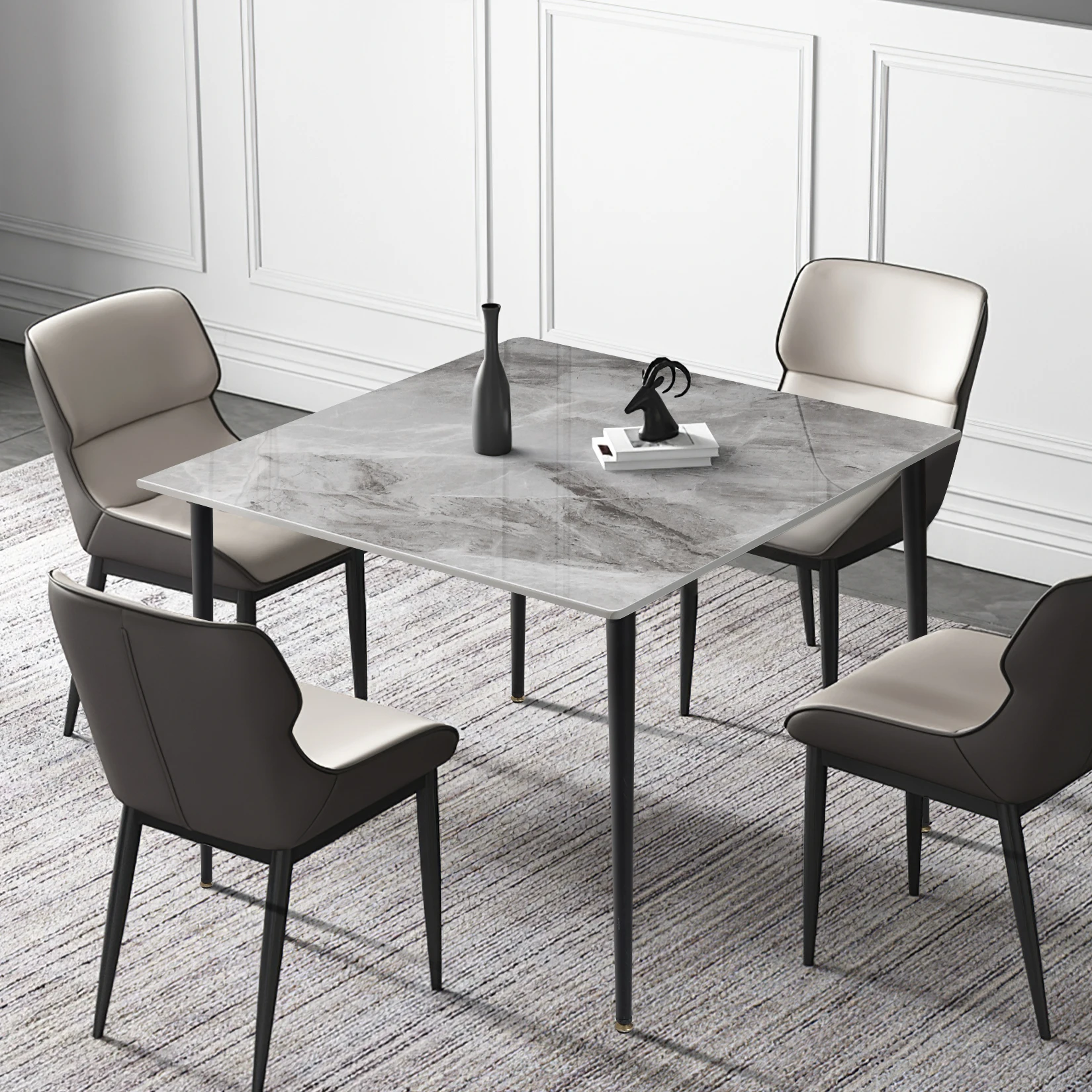 Rectangular Dining Modern Dining Desk Table Furniture with Natural Texture Sintered Stone Top Metal Frame for Dining Room