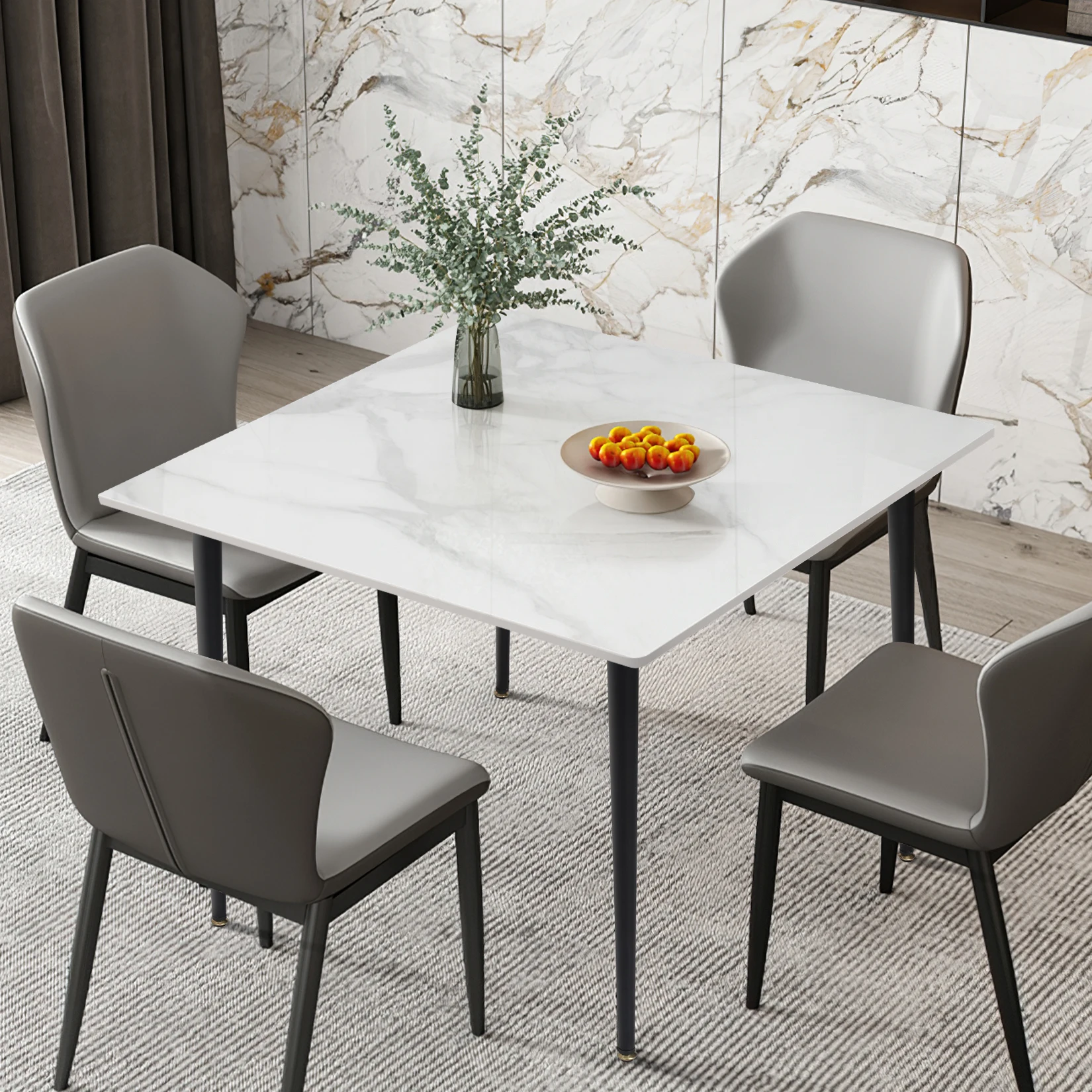 Rectangular Dining Modern Dining Desk Table Furniture with Natural Texture Sintered Stone Top Metal Frame for Dining Room