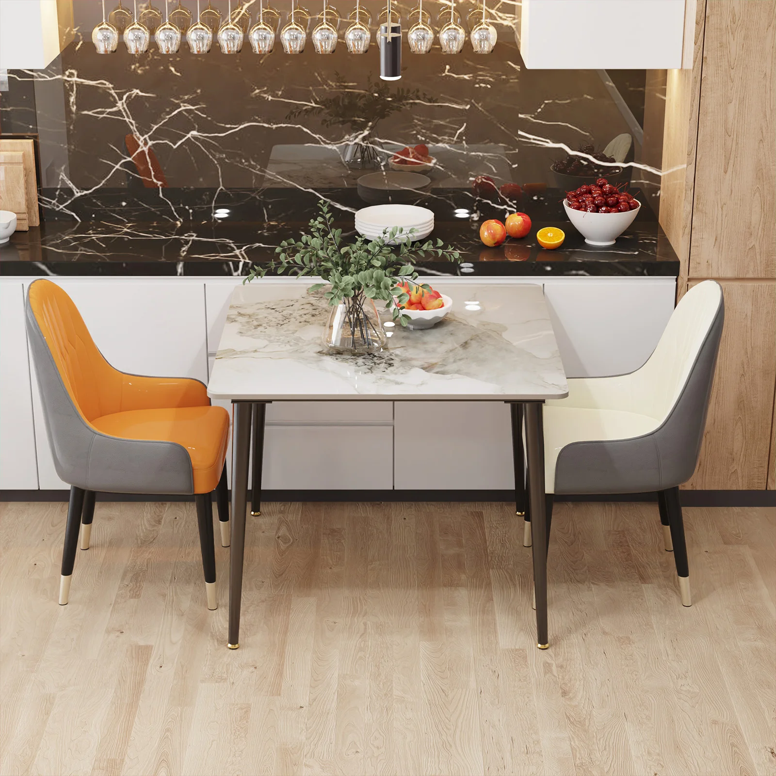 Rectangular Dining Modern Dining Desk Table Furniture with Natural Texture Sintered Stone Top Metal Frame for Dining Room
