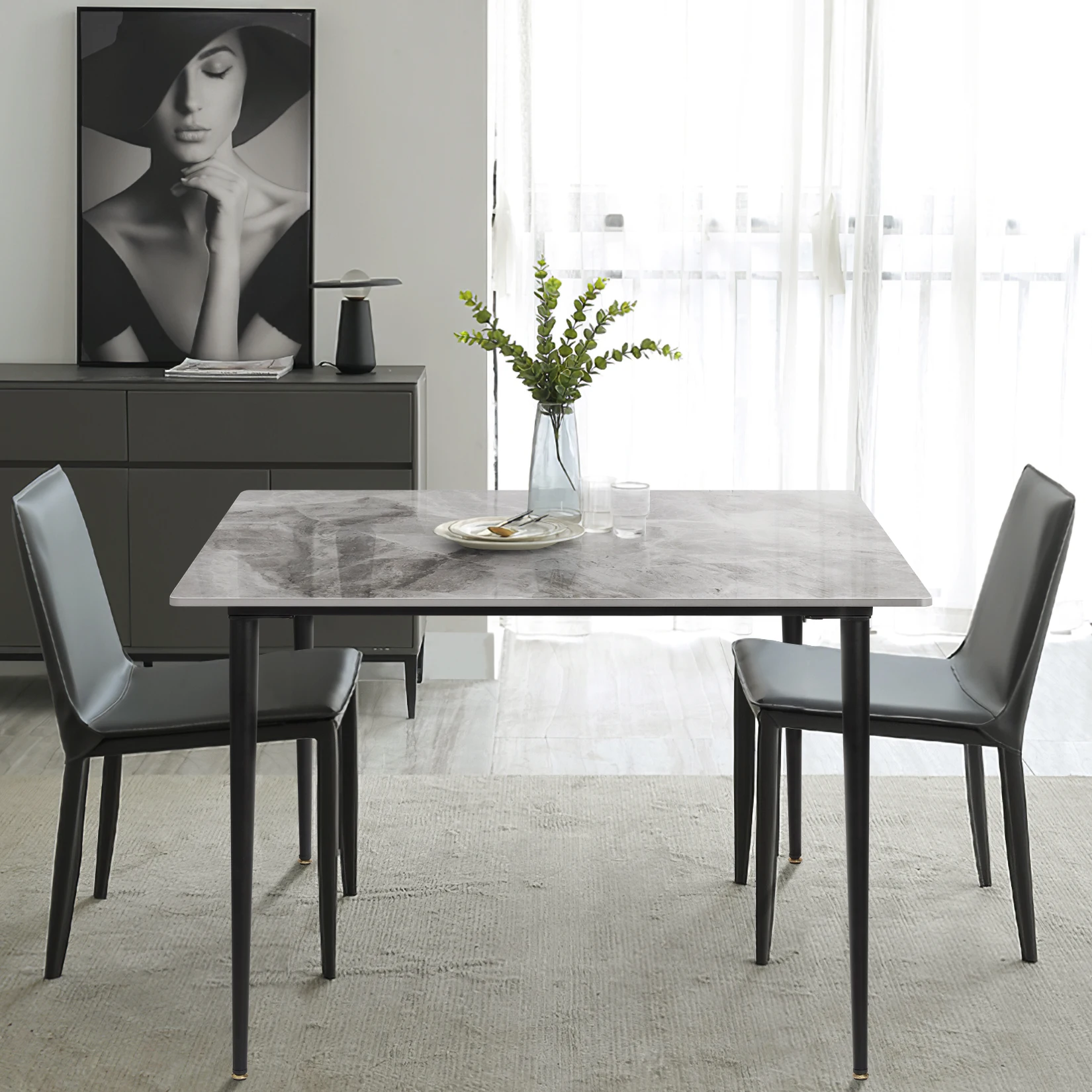 Rectangular Dining Modern Dining Desk Table Furniture with Natural Texture Sintered Stone Top Metal Frame for Dining Room