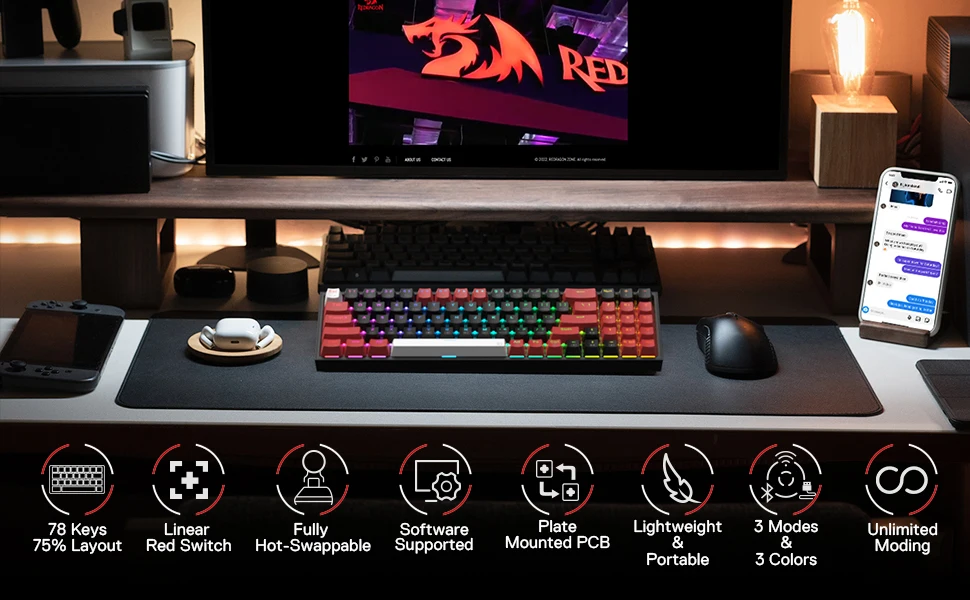 Redragon K628 PRO 75% 3-Mode Bluetooth 2.4Ghz Wireless RGB USB LED Gaming Keyboard 78 Keys Hot Swappable Compact Mechanical