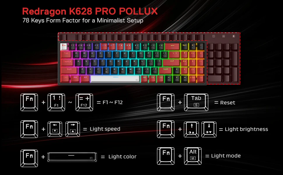 Redragon K628 PRO 75% 3-Mode Bluetooth 2.4Ghz Wireless RGB USB LED Gaming Keyboard 78 Keys Hot Swappable Compact Mechanical