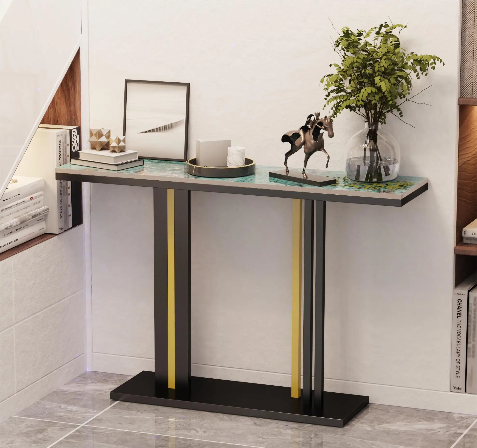 Delicate Texture Marble Console Table Living Room Bedroom Narrow Long Sofa Table Hall Display Stand Black Gold