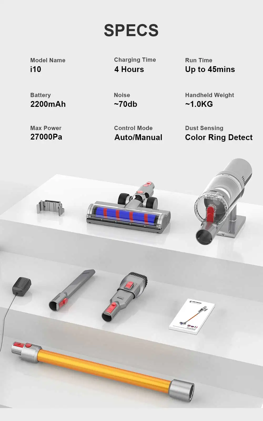 Cordless Handheld Stick Vacuum Cleaner Liectroux I10, Smart Dust Sensing,27KPa, 250W BLDC,Suit for Carpet, Floor, Car & Pet Hair