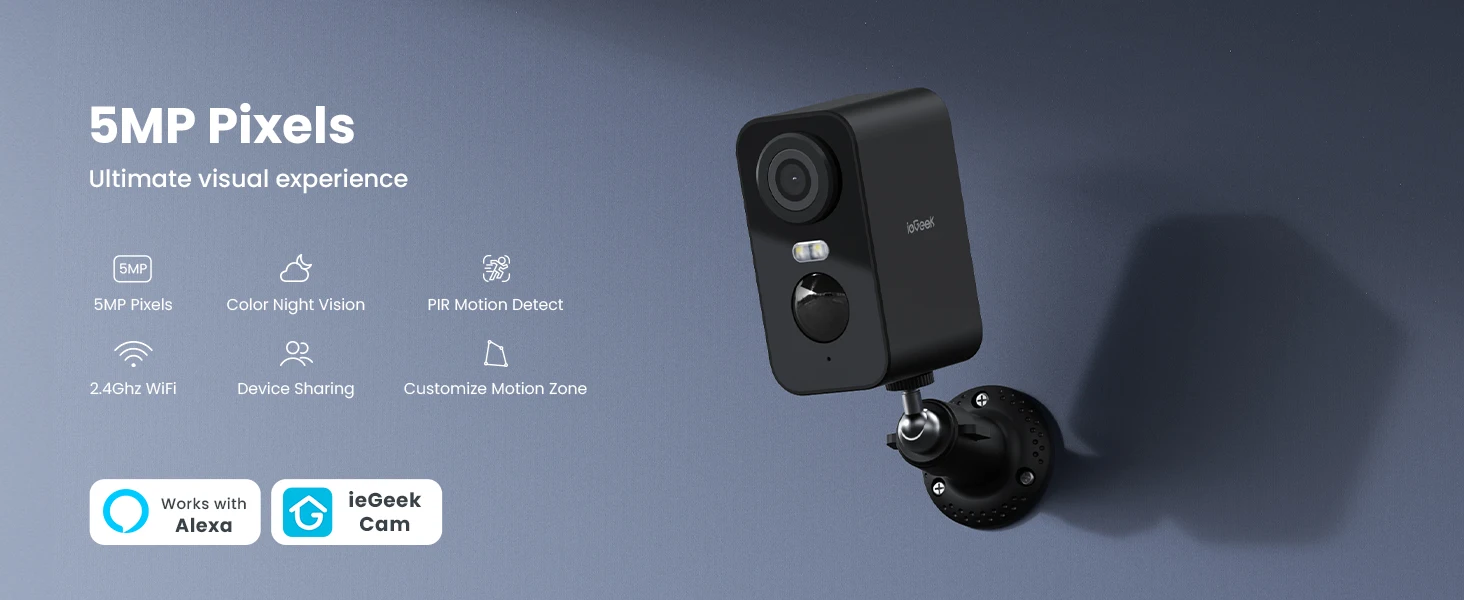 IeGeek 5MP WiFi Outdoor Surveillance Camera Wireless 5200 MAh Battery, PIR Motion Detection, Colourful Night Vision